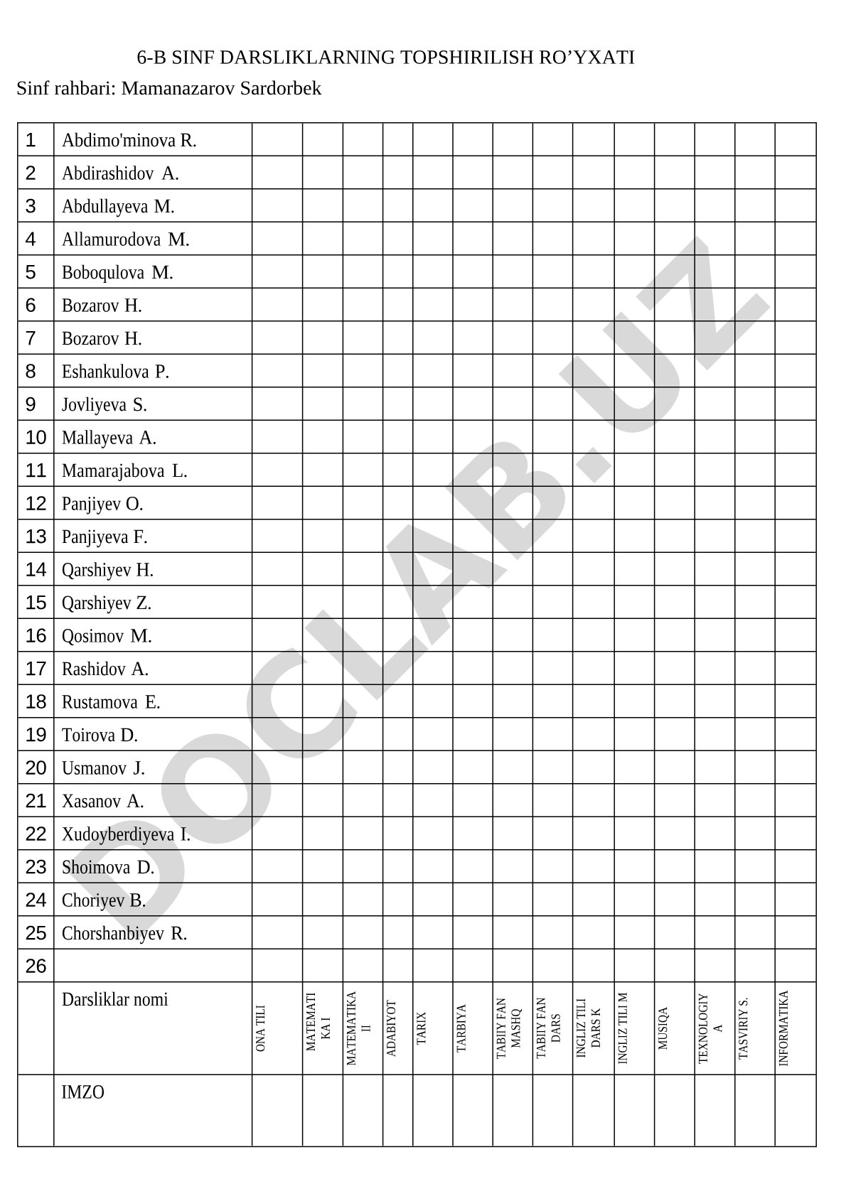 6-B sinf darsliklarining topshirilish ro'yxati