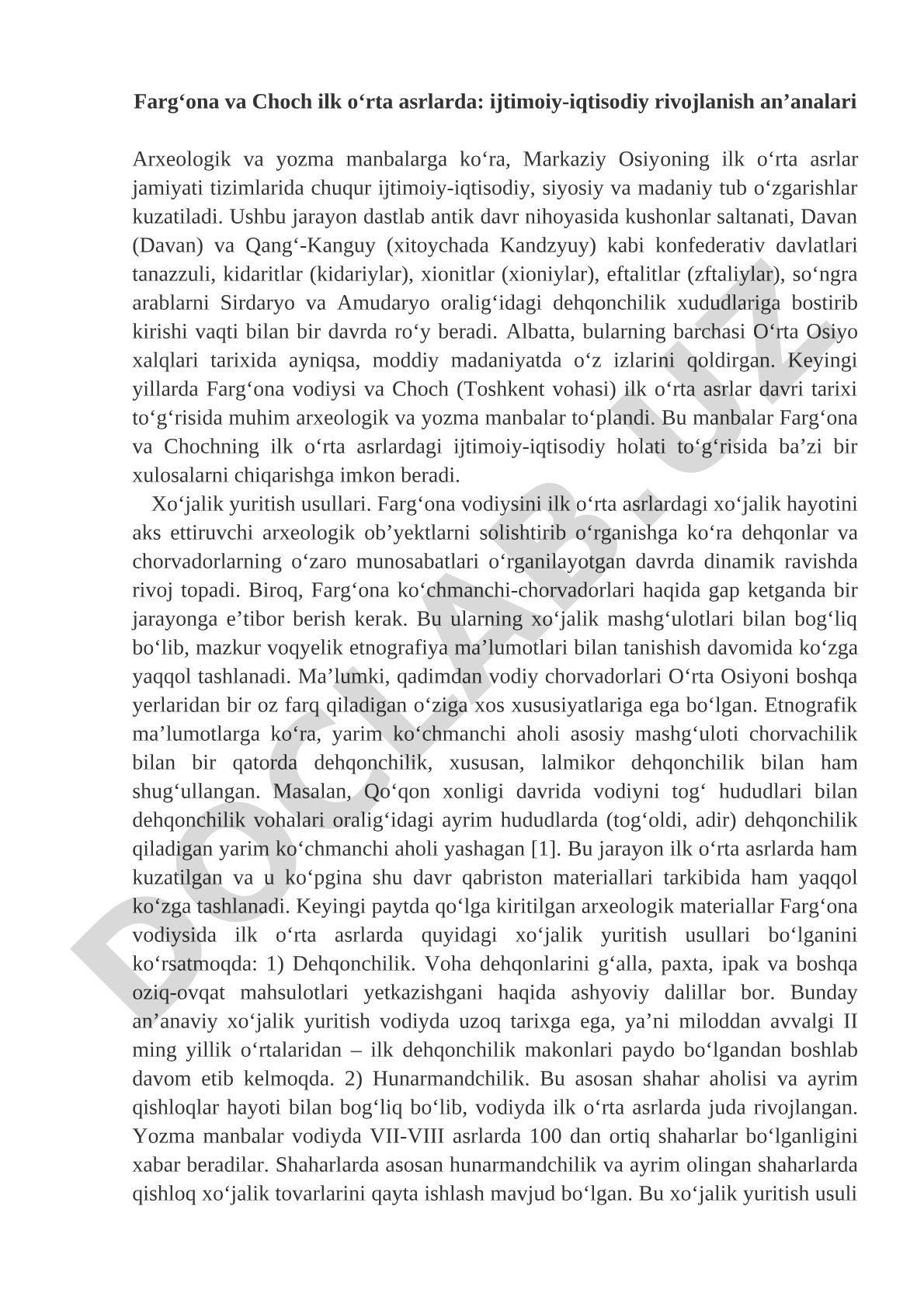 Farg‘ona va Choch ilk o‘rta asrlarda: ijtimoiy-iqtisodiy rivojlanish an’analari