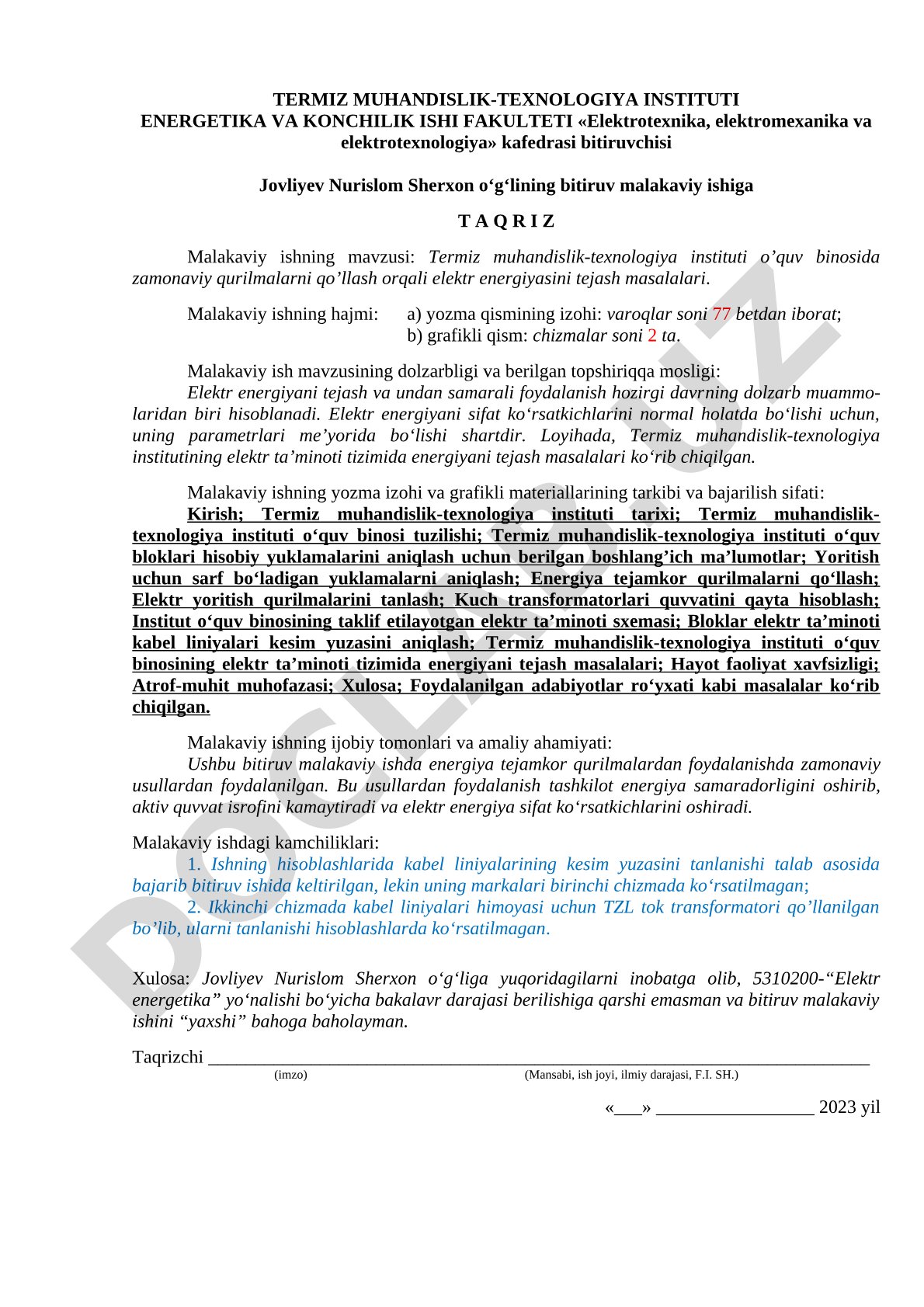 Termiz muhandislik-texnologiya instituti o'quv binosida zamonaviy qurilmalarni qo'llash orqali elektr energiyasini tejash masalalari