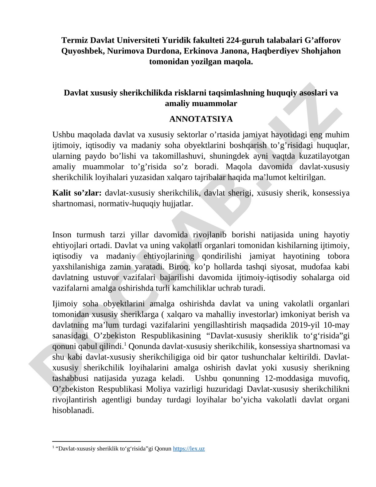 Davlat xususiy sherikchilikda risklarni taqsimlashning huquqiy asoslari va amaliy muammolar