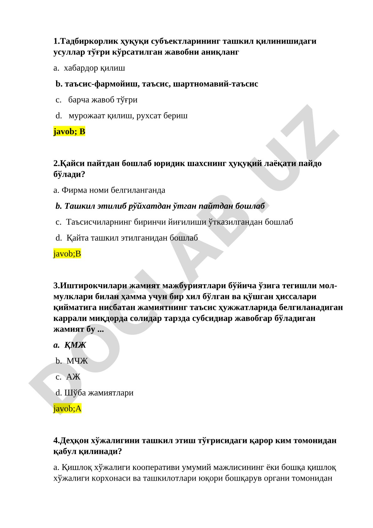 Тадбиркорлик ҳуқуқи субъектларининг ташкил қилиниши