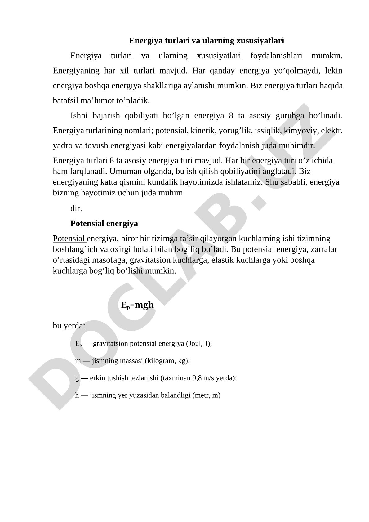 Energiya turlari va ularning xususiyatlari