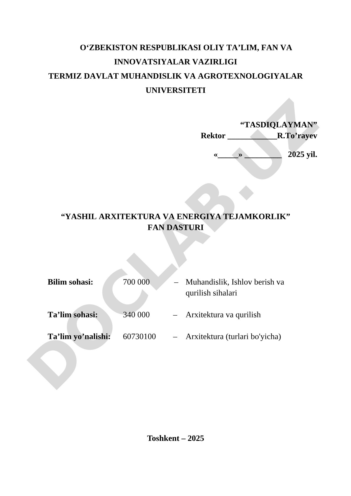 Yashil arxitektura va energiya tejamkorlik fan dasturi