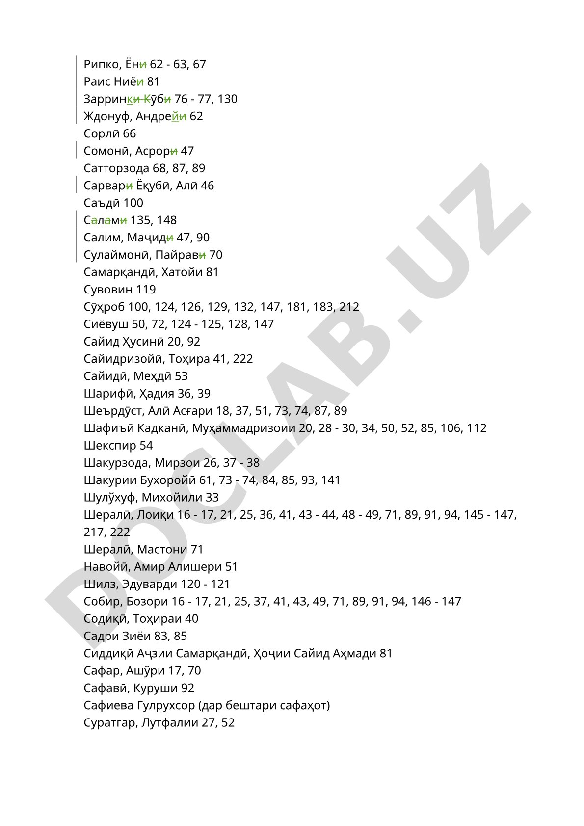 Рипко, Ён 62 - 63, 67Раис Ниё 81Зарринкӯб 76 - 77, 130Ждонуф, Андрей 62Сорлӣ 66Сомонӣ, Асрор 47Сатторзода 68, 87, 89Сарвар Ёқубӣ, Алӣ 46Саъдӣ 100Слм 135, 148Салим, Маҷид 47, 90Сулаймонӣ, Пайрав 70Самарқандӣ, Хатойи 81Сувовин 119Сӯҳроб 100, 124, 126, 129, 132, 147, 181, 183, 212Сиёвуш 50, 72, 124 - 125, 128, 147Сайид Ҳусинӣ 20, 92Сайидризойӣ, Тоҳира 41, 222Сайидӣ, Меҳдӣ 53Шарифӣ, Ҳадия 36, 39Шеърдӯст, Алӣ Асғари 18, 37, 51, 73, 74, 87, 89Шафиъӣ Кадканӣ, Муҳаммадризоии 20, 28 - 30, 34, 50, 52, 85, 106, 112Шекспир 54Шакурзода, Мирзои 26, 37 - 38Шакурии Бухоройӣ 61, 73 - 74, 84, 85, 93, 141Шулўхуф, Михойили 33Шералӣ, Лоиқи 16 - 17, 21, 25, 36, 41, 43 - 44, 48 - 49, 71, 89, 91, 94, 145 - 147, 217, 222Шералӣ, Мастони 71Навойӣ, Амир Алишери 51Шилз, Эдуварди 120 - 121Собир, Бозори 16 - 17, 21, 25, 37, 41, 43, 49, 71, 89, 91, 94, 146 - 147Содиқӣ, Тоҳираи 40Садри Зиёи 83, 85Сиддиқӣ Аҷзии Самарқандӣ, Ҳоҷии Сайид Аҳмади 81Сафар, Ашўри 17, 70Сафавӣ, Куруши 92Сафиева Гулрухсор (дар бештари сафаҳот)Суратгар, Лутфалии 27, 52 131 Сайидӣ Теҳронӣ, Миралӣ 137Тоифӣ, Шерзоди 39, 45Таботабойӣ, Ҷаводи 118Заҳробегӣ, Ноҳиди 18, 40Олии Кардкалойӣ, Ҳамиди 40Ибодиё, Маҳмуди 17, 67Абонжоди Ҳиҷрондӯст, Саиди 17