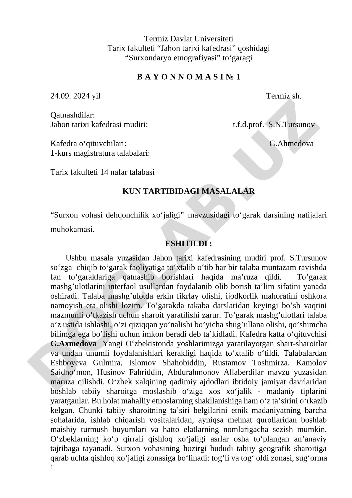 Surxon vohasi dehqonchilik xo‘jaligi to‘garak bayonnomasi