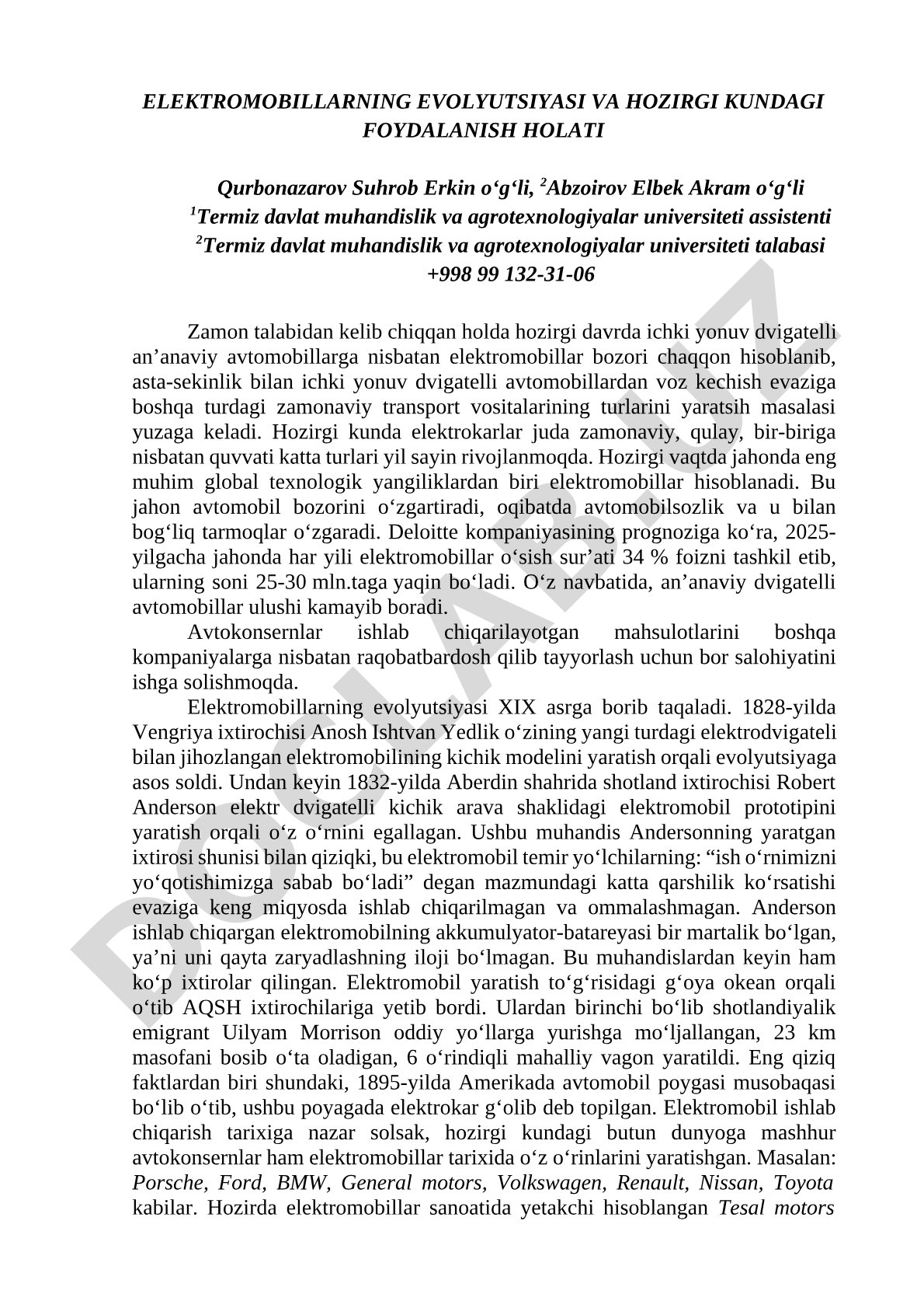 Elektromobillarning evolyutsiyasi va hozirgi kundagi foydalanish holati