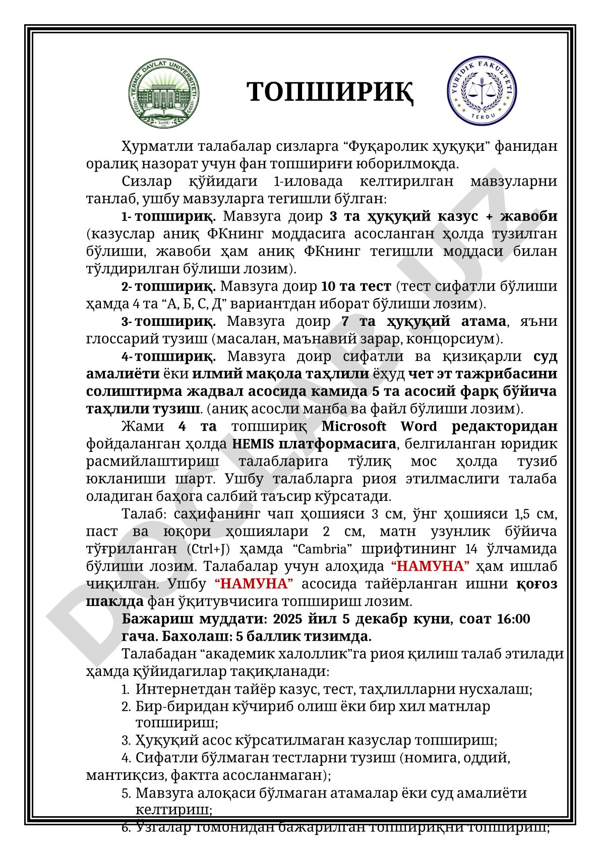 Fuqarolik huquqi fanidan oralik nazorat topshirig'i