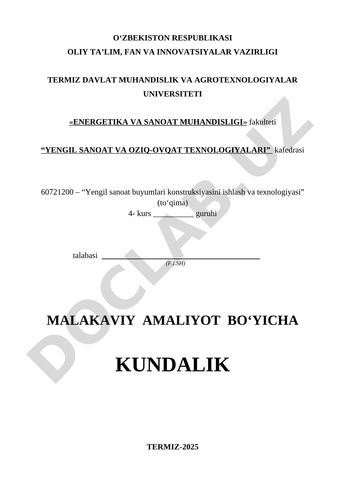 Malakaviy amaliyot bo'yicha kundalik
