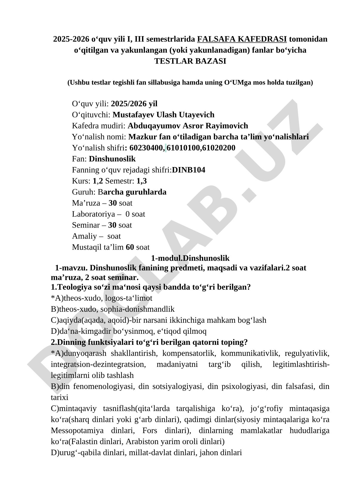 Dinshunoslik fanidan testlar bazasi