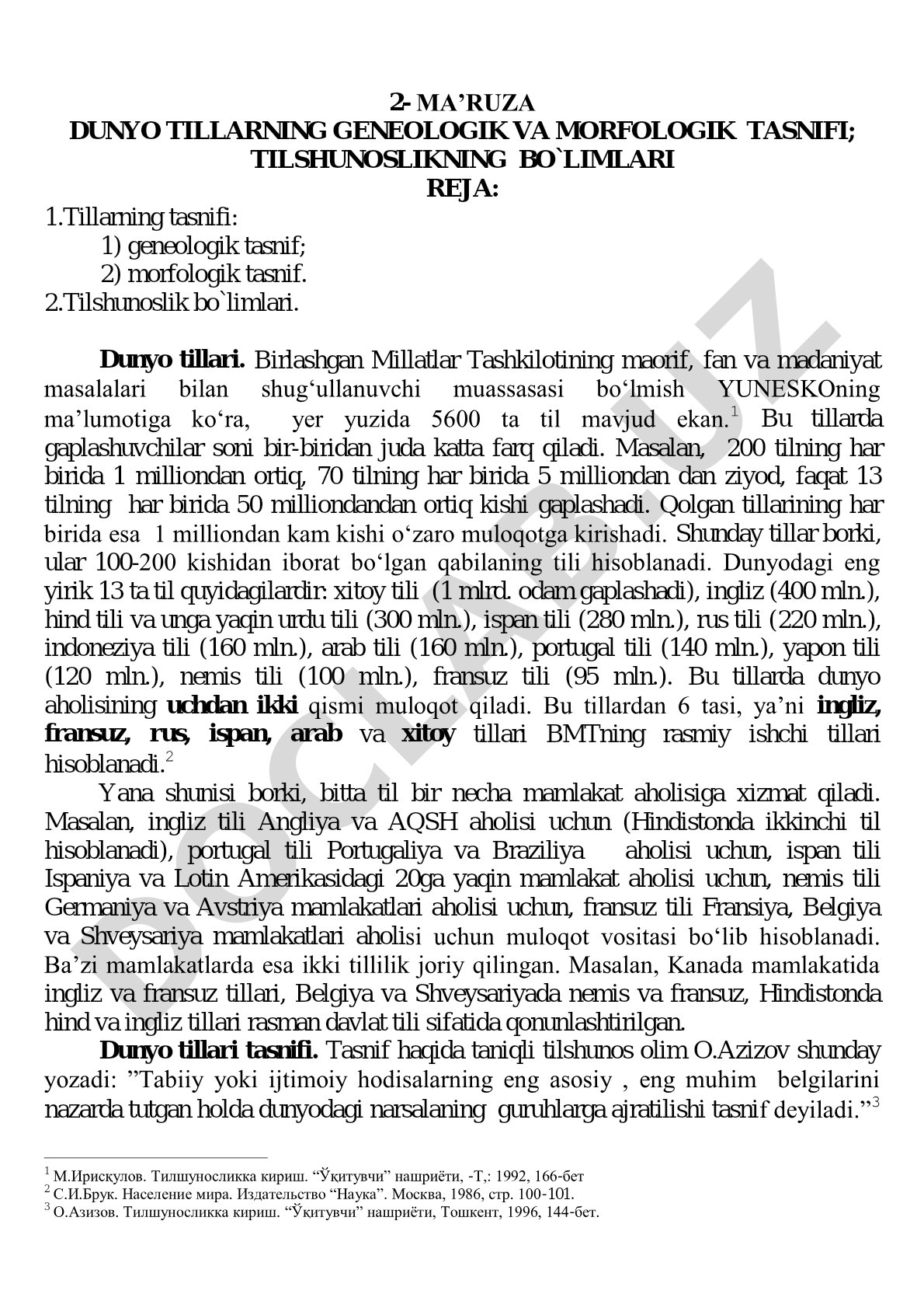 Dunyo tillarining geneologik va morfologik tasnifi; tilshunoslikning bo'limlari