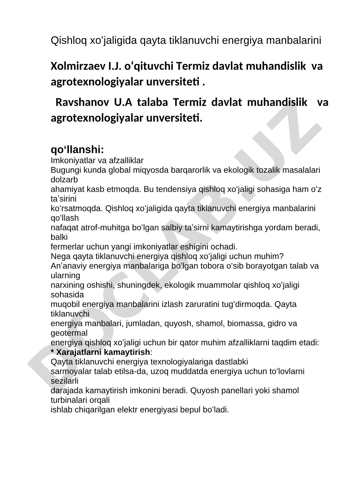 Qishloq xoʻjaligida qayta tiklanuvchi energiya manbalarini qoʻllash: Imkoniyatlar va afzalliklar