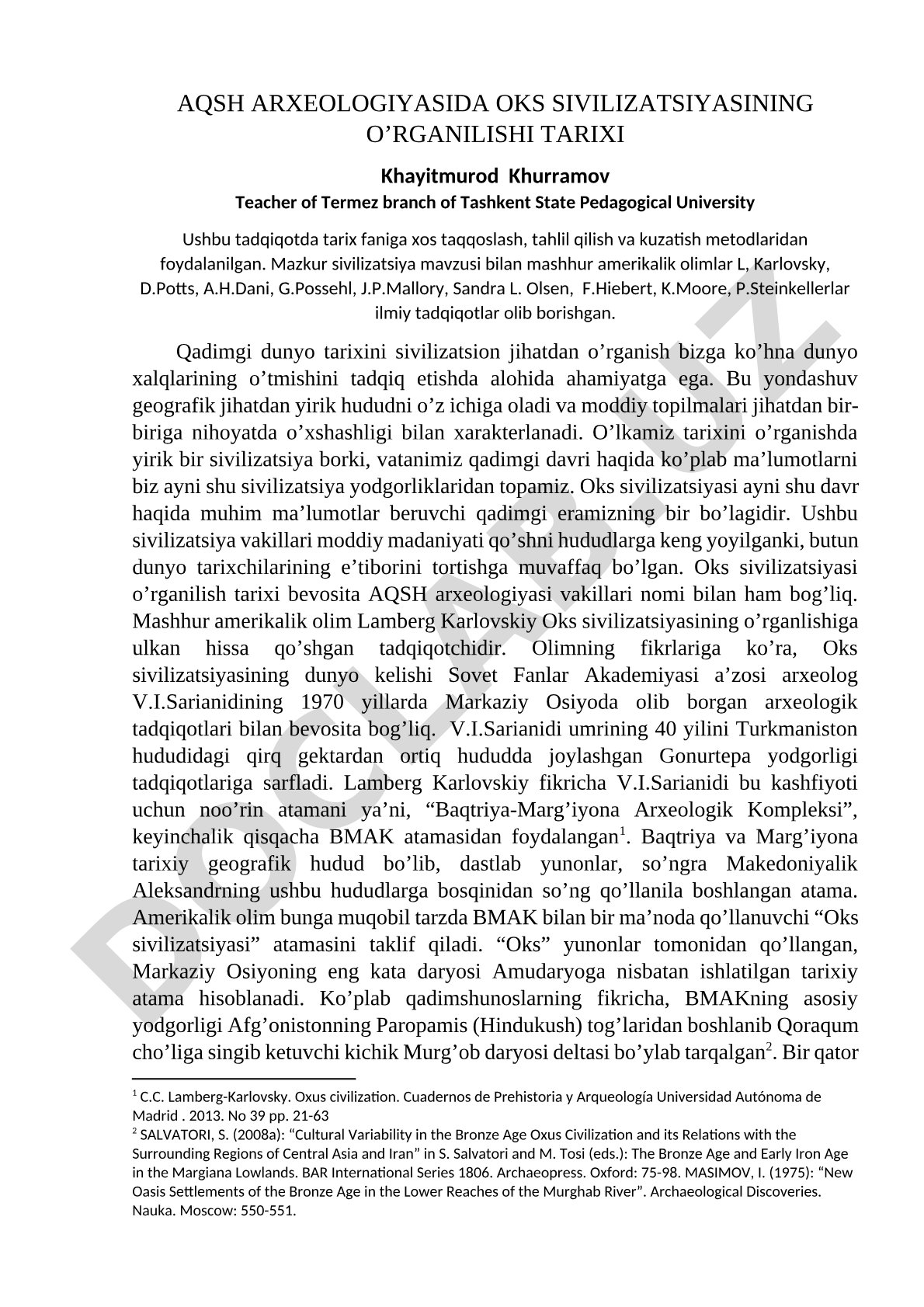 AQSH arxeologiyasida Oks sivilizatsiyasining o'rganilishi tarixi