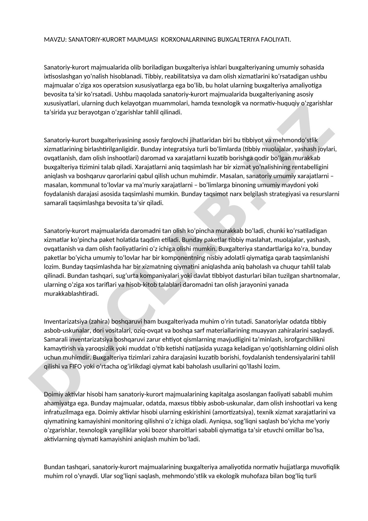 Sanatoriy-kurort majmuasi korxonalarining buxgalteriya faoliyati