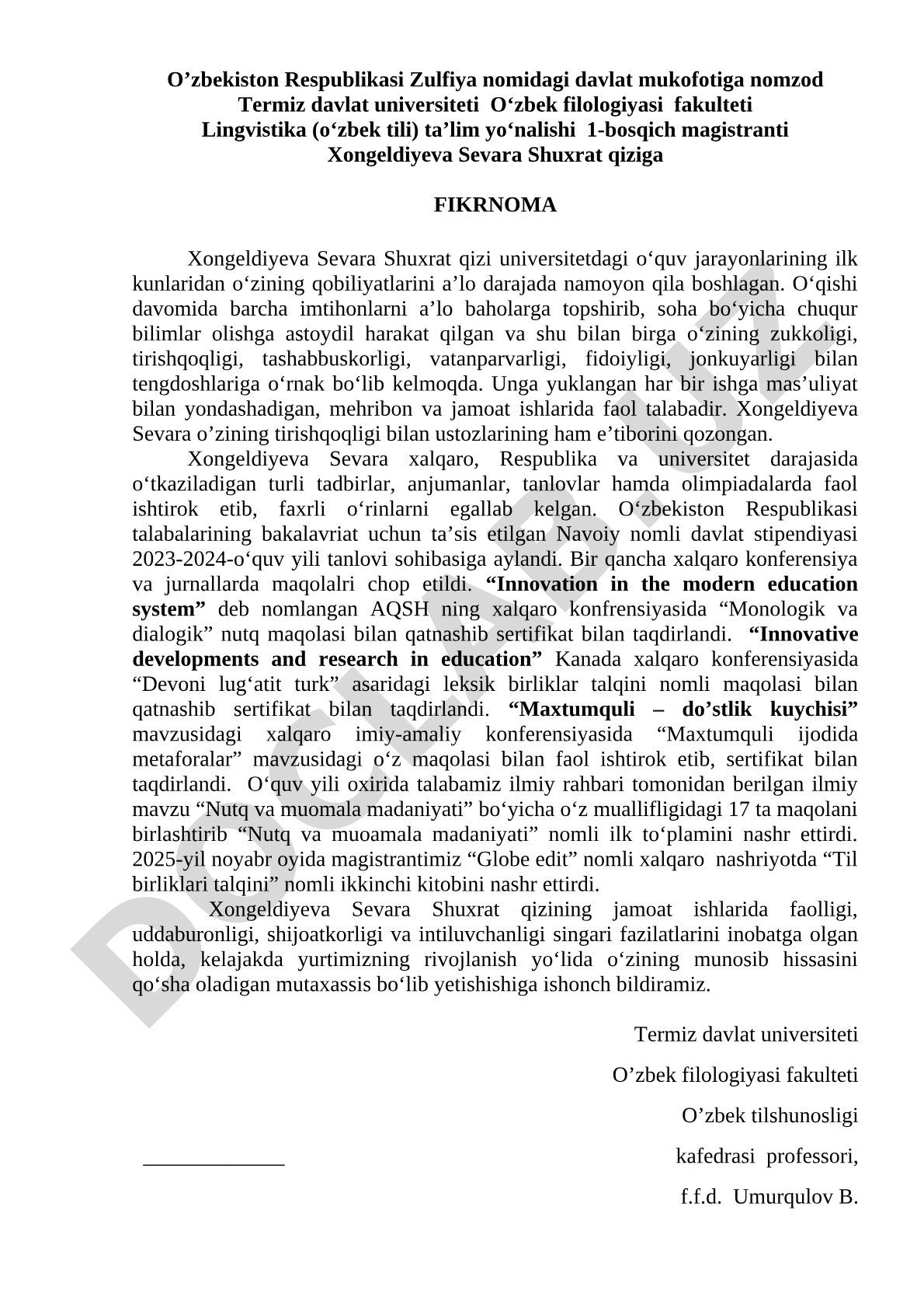 Zulfiya nomidagi davlat mukofotiga nomzod Xongeldiyeva Sevara haqida fikrnoma