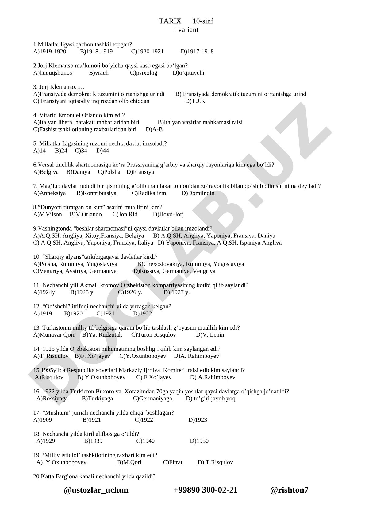 Tarix 10-sinf I variant test savollari