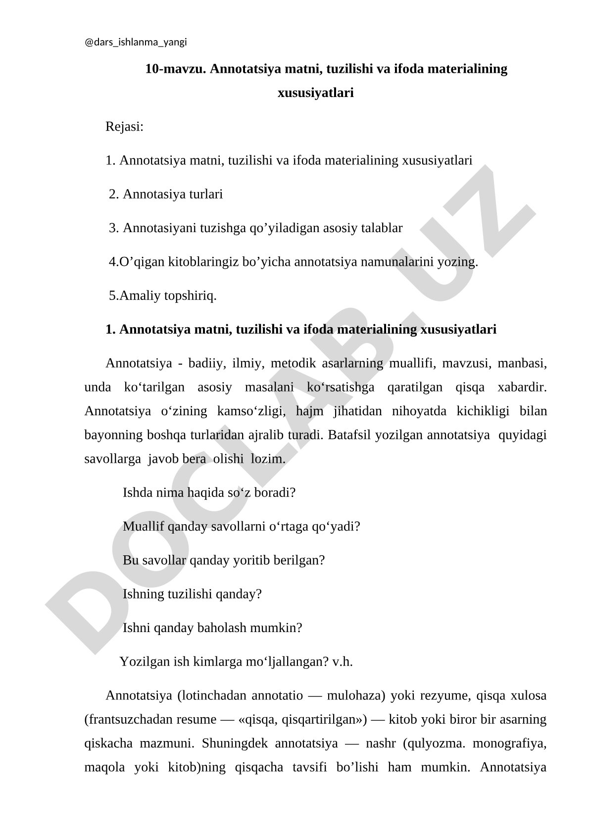 Annotatsiya matni, tuzilishi va ifoda materialining xususiyatlari