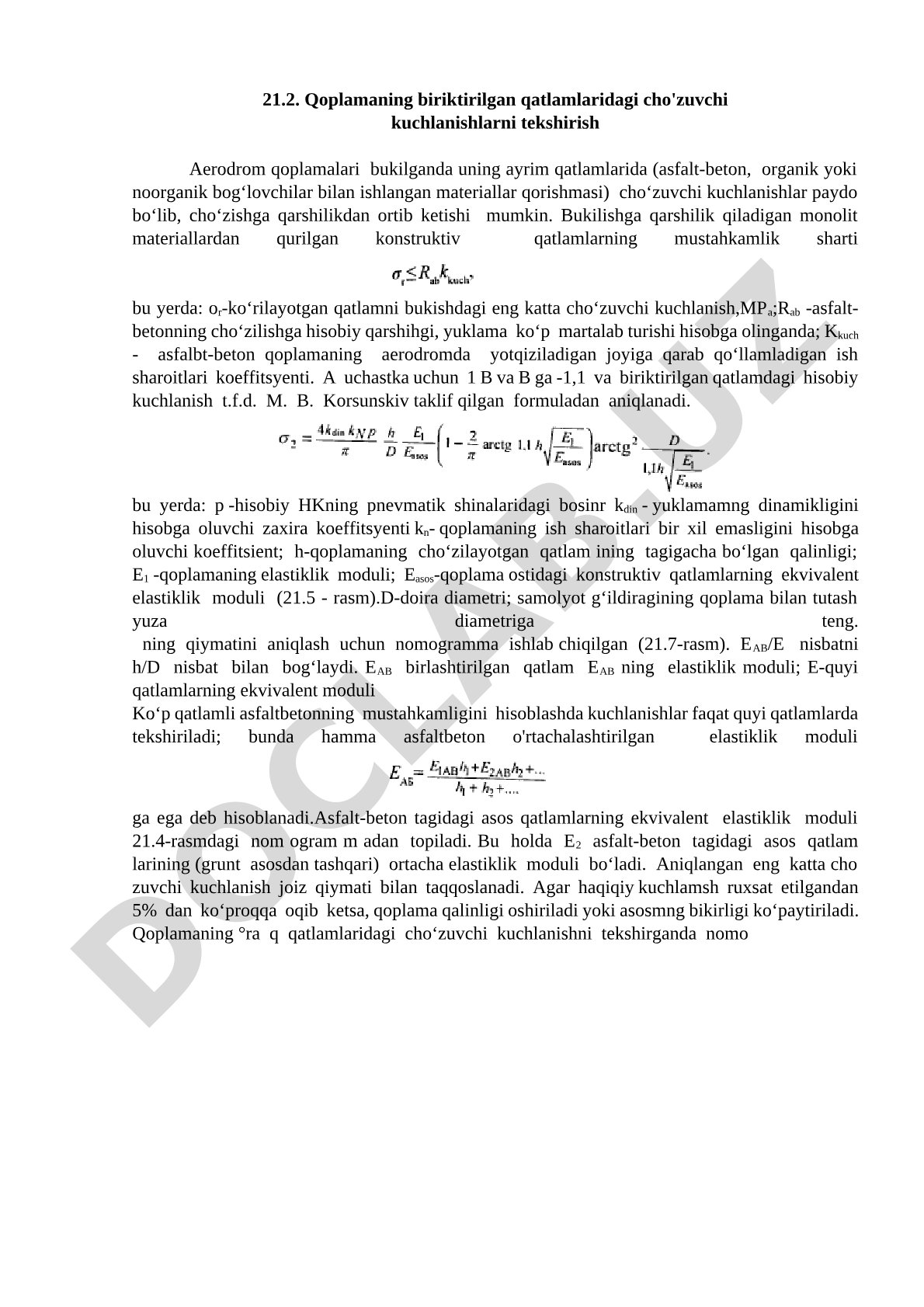 Aerodrom qoplamalarining biriktirilgan qatlamlaridagi cho'zuvchi kuchlanishlarni tekshirish