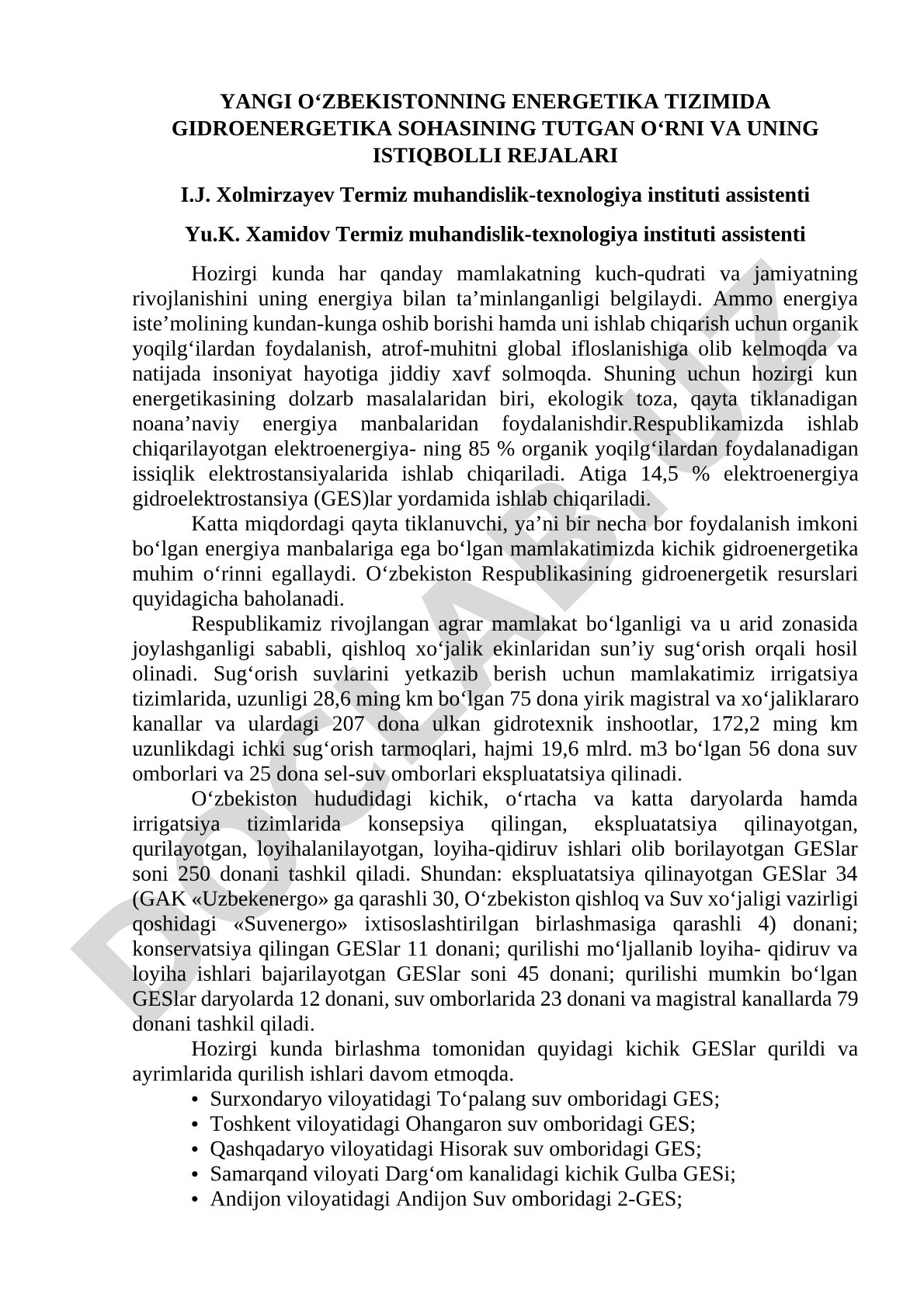 Yangi O‘zbekiston energetika tizimida gidroenergetika sohasining tutgan o‘rni va uning istiqbolli rejalari