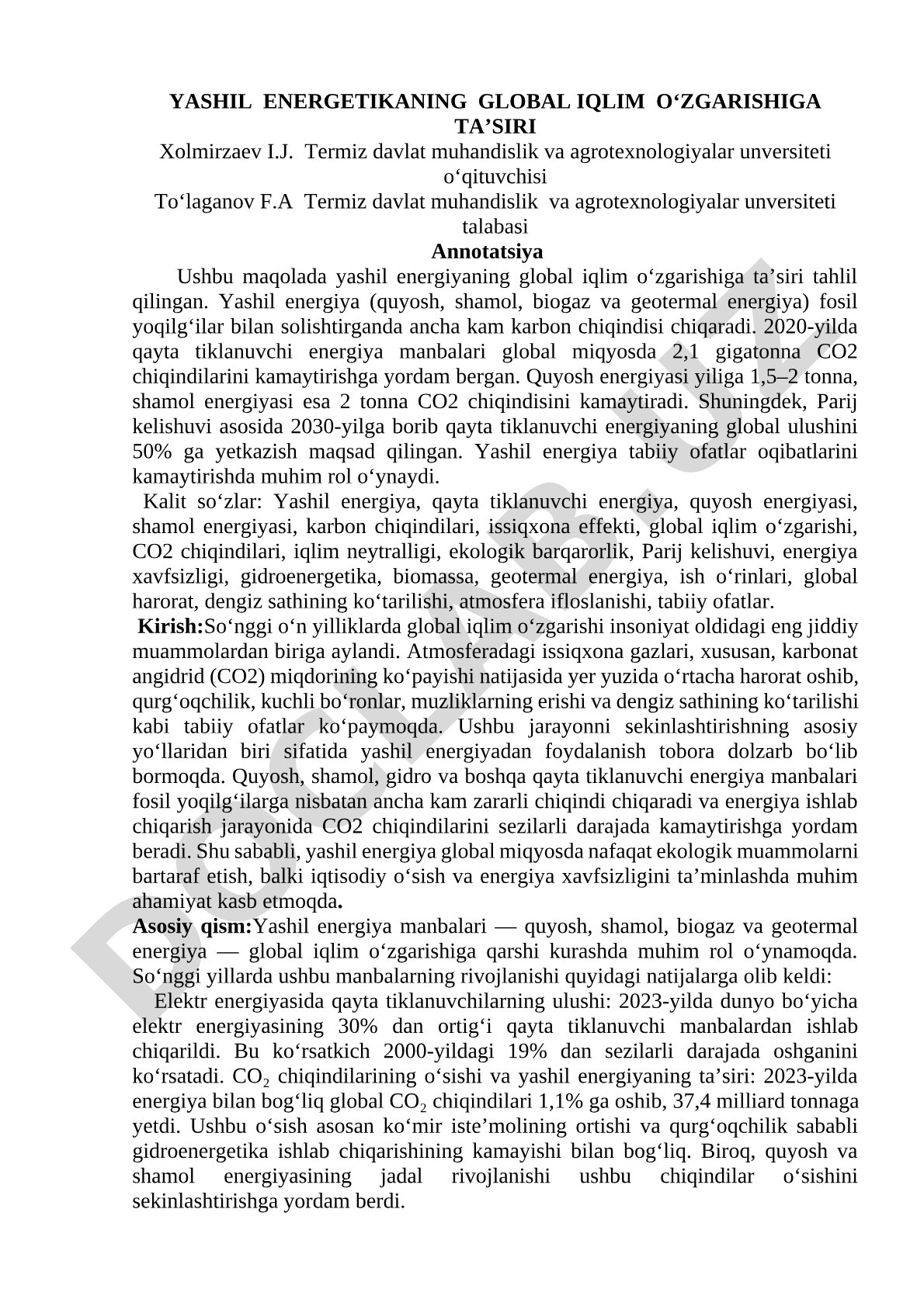 Yashil energetikaning global iqlim o‘zgarishiga ta’siri