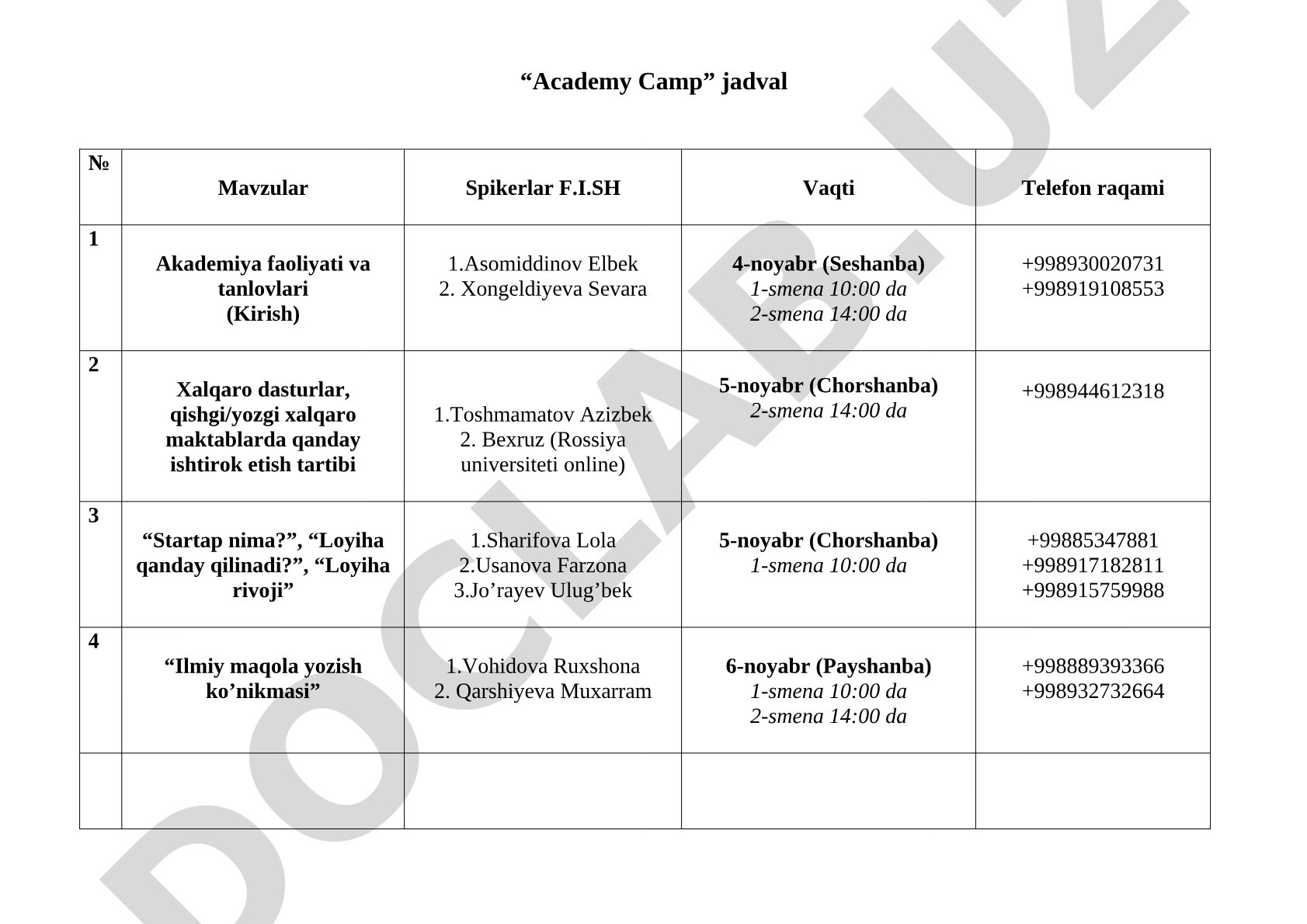 Academy Camp jadvali