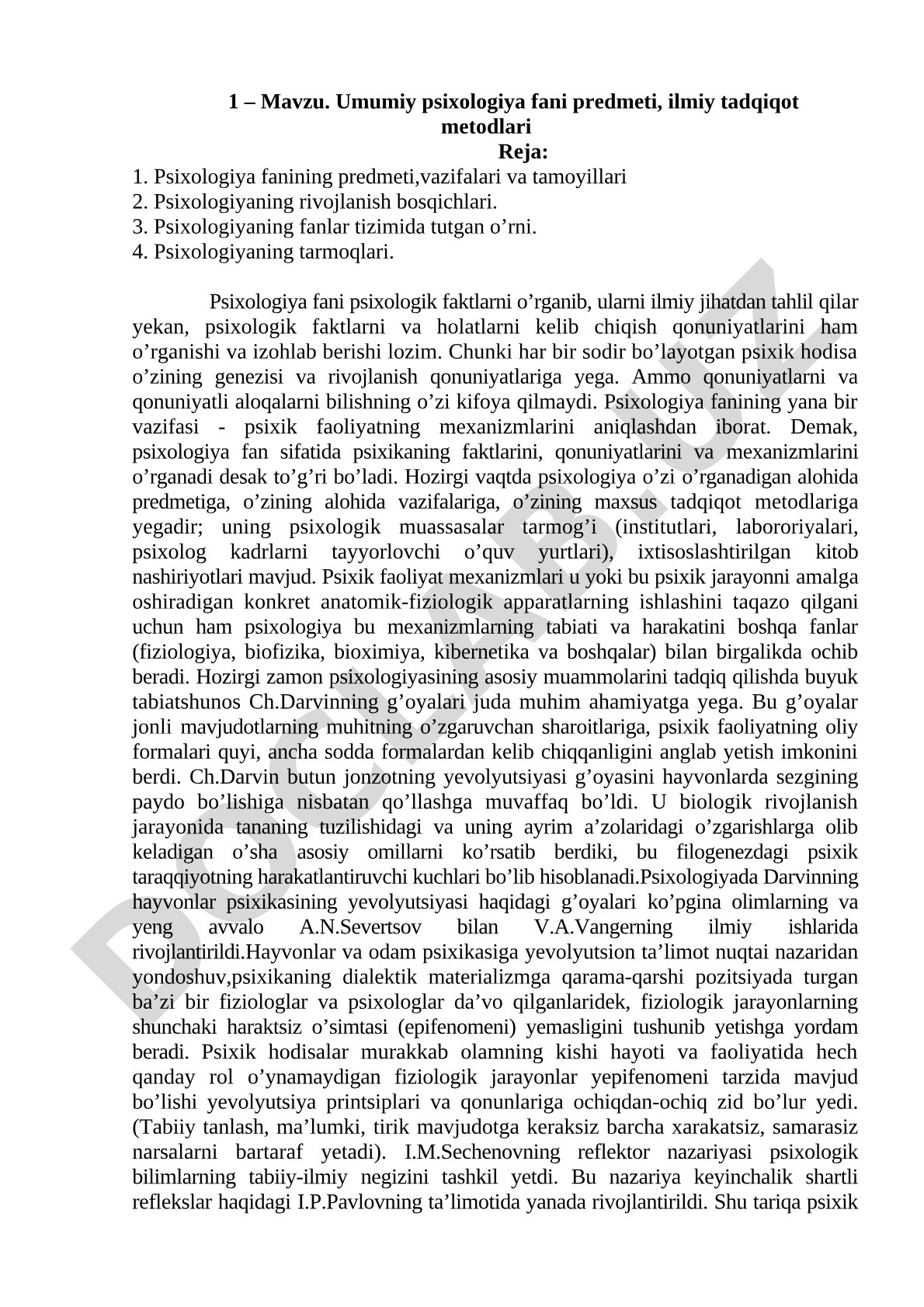 Umumiy psixologiya fani predmeti, ilmiy tadqiqot metodlari