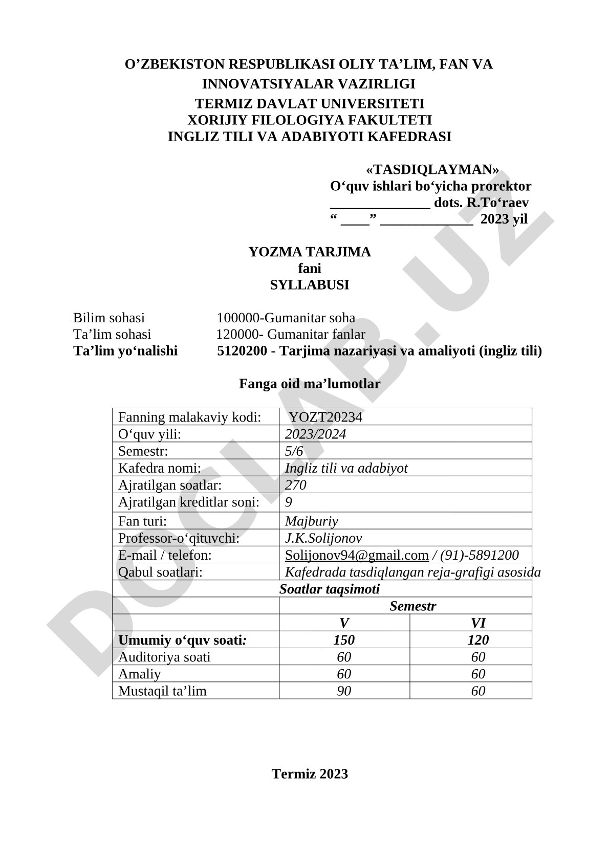 Yozma tarjima fani syllabusi