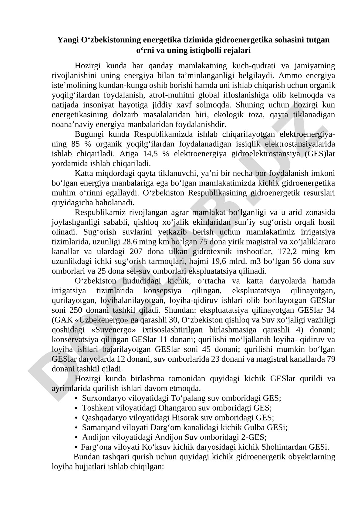 Yangi O‘zbekistonning energetika tizimida gidroenergetika sohasini tutgan o‘rni va uning istiqbolli rejalari