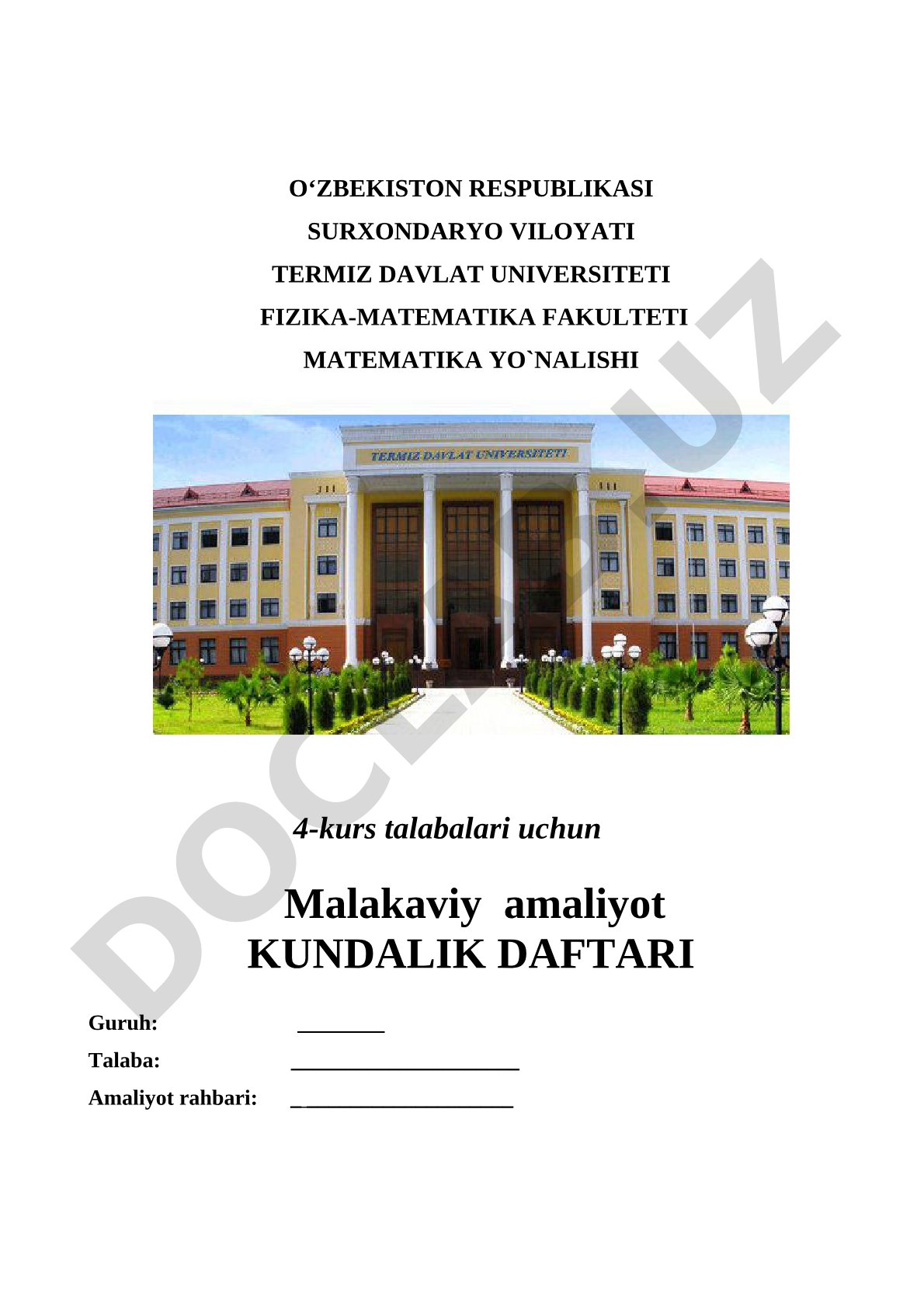 Malakaviy amaliyot kundalik daftari