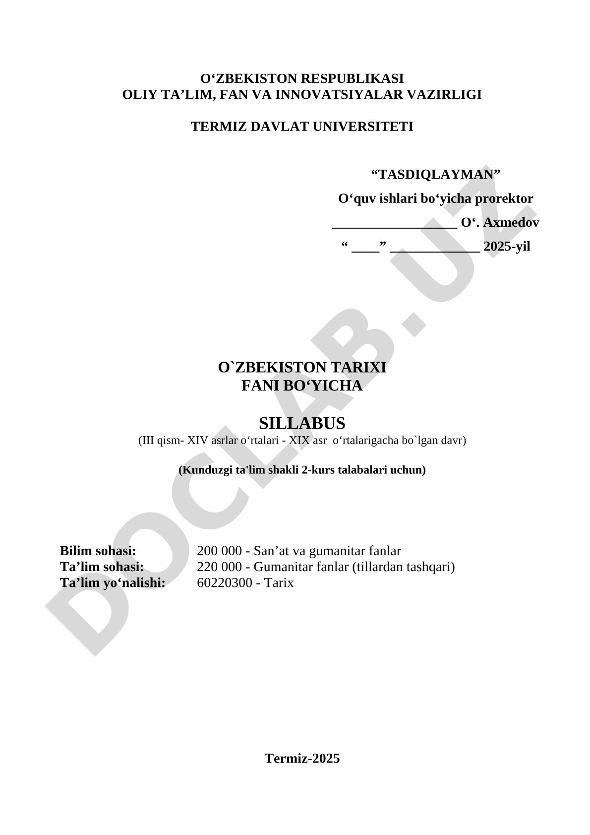 O'zbekiston tarixi fani bo'yicha sillabus (XIV asr o'rtalari - XIX asr o'rtalarigacha bo'lgan davr)
