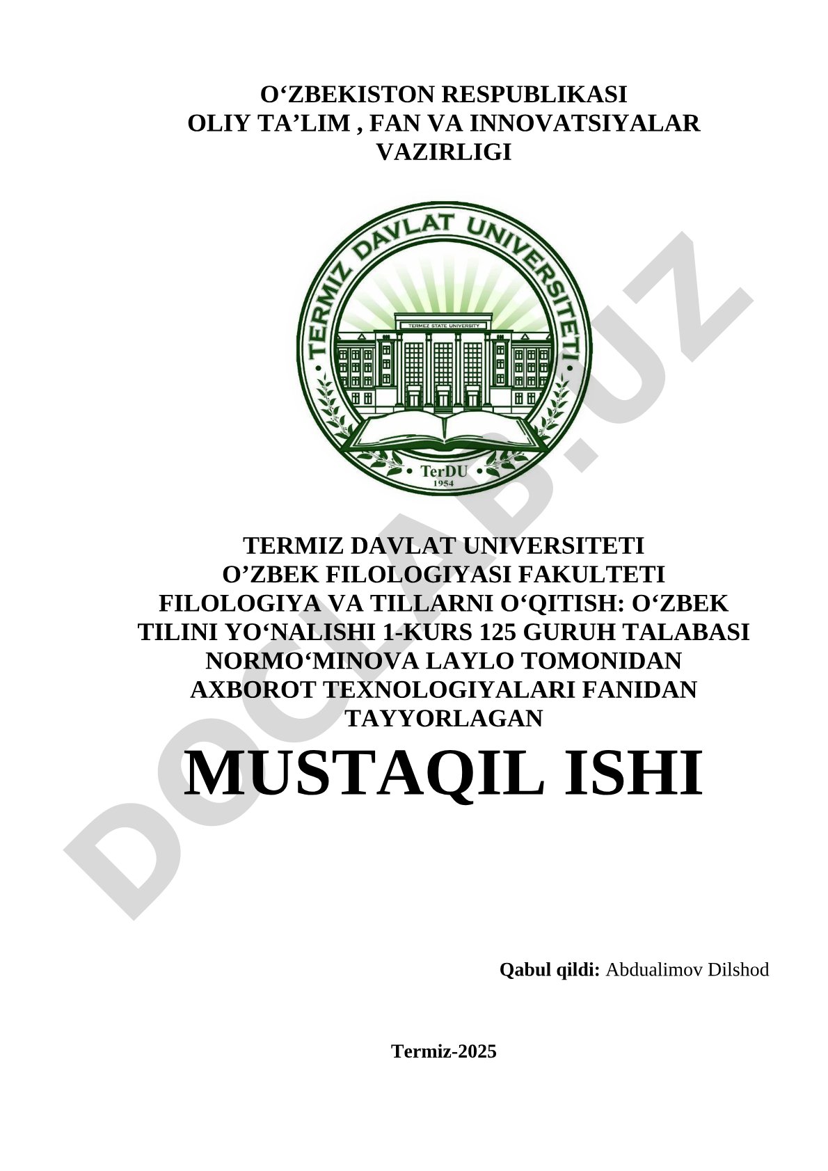 Axborot texnologiyalari fanidan mustaqil ish