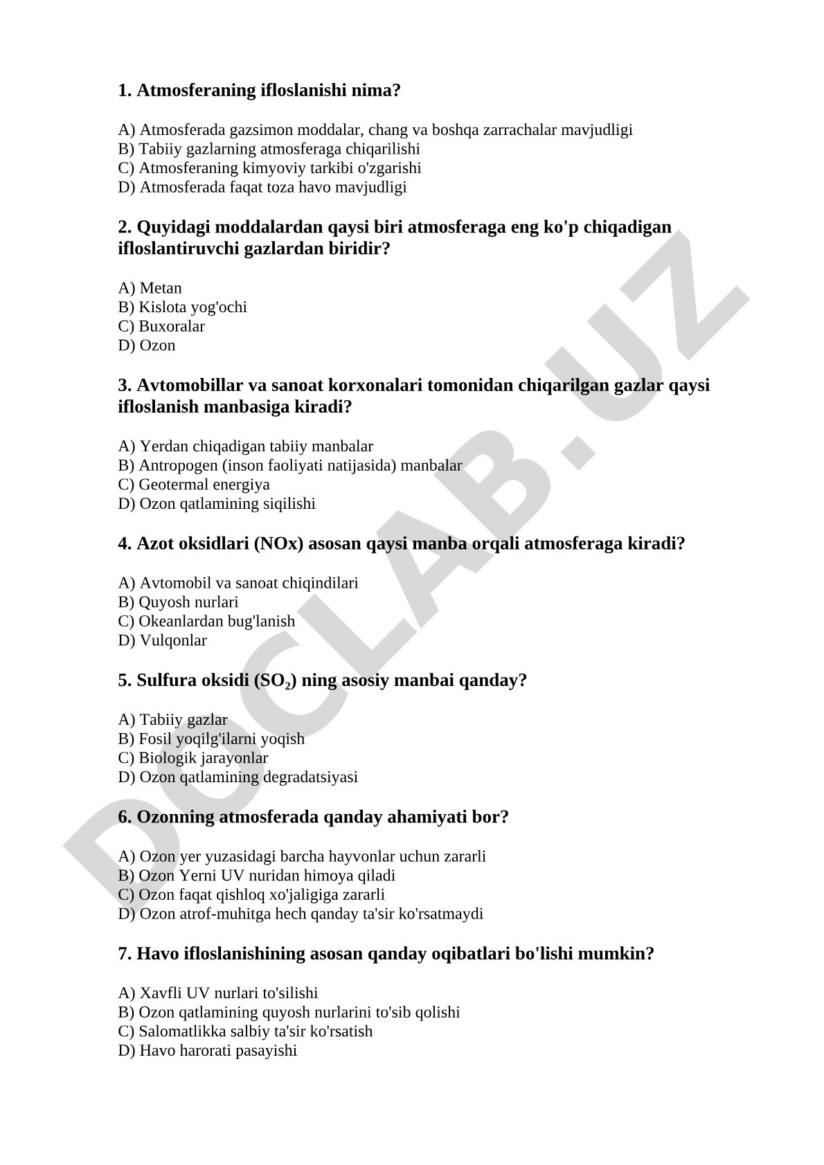 Atmosferaning ifloslanishi test savollari