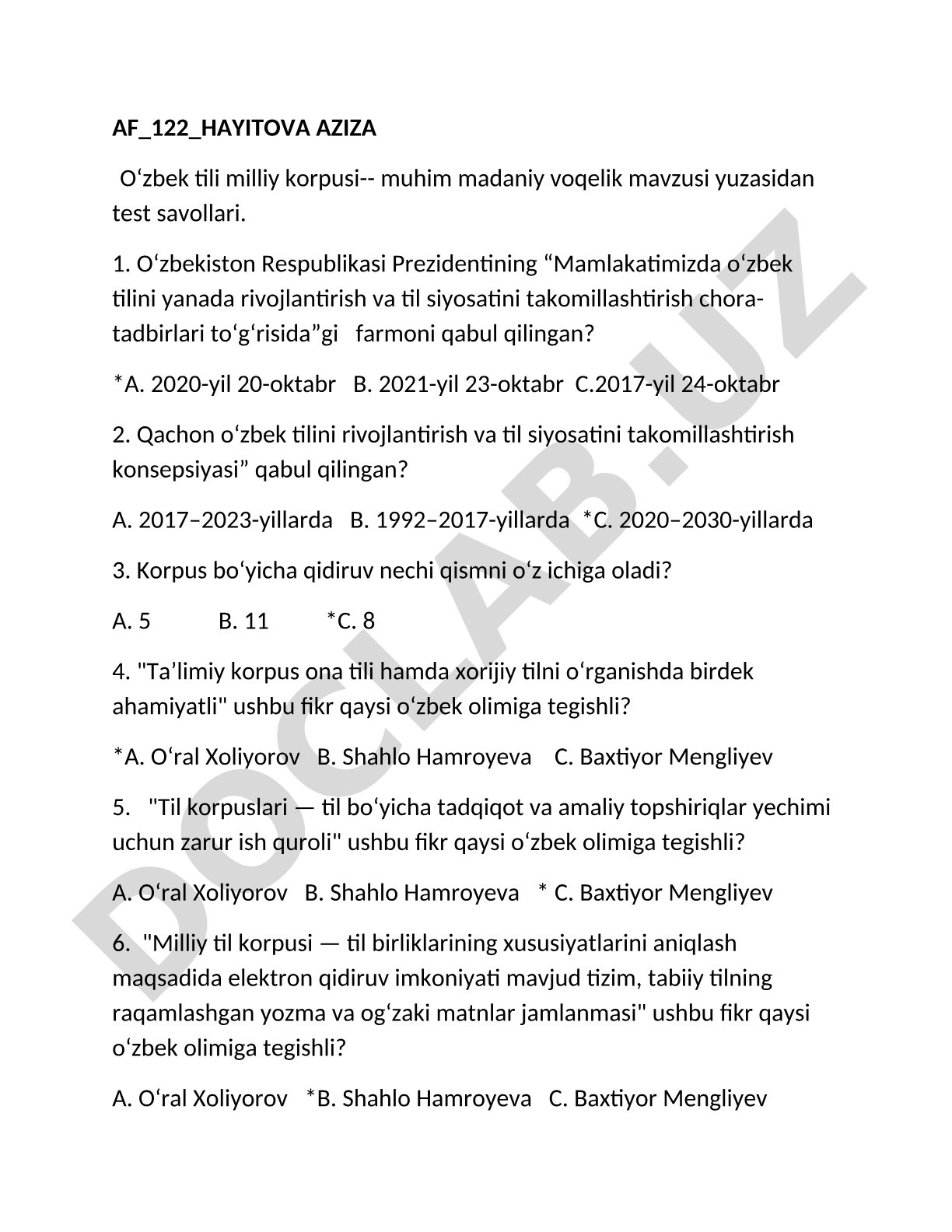 O‘zbek tili milliy korpusi-- muhim madaniy voqelik mavzusi yuzasidan test savollari