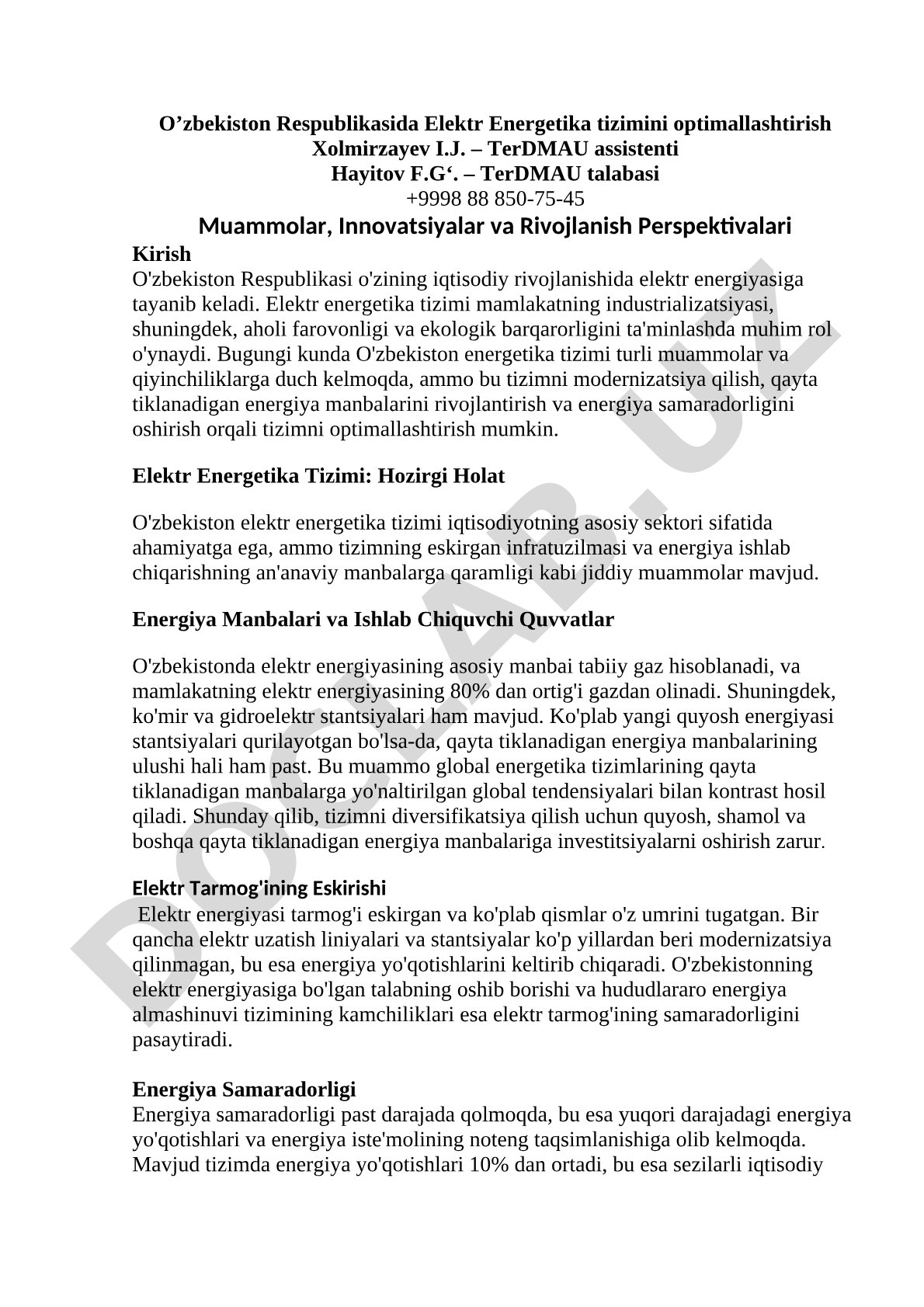 O'zbekiston Respublikasida Elektr Energetika tizimini optimallashtirish