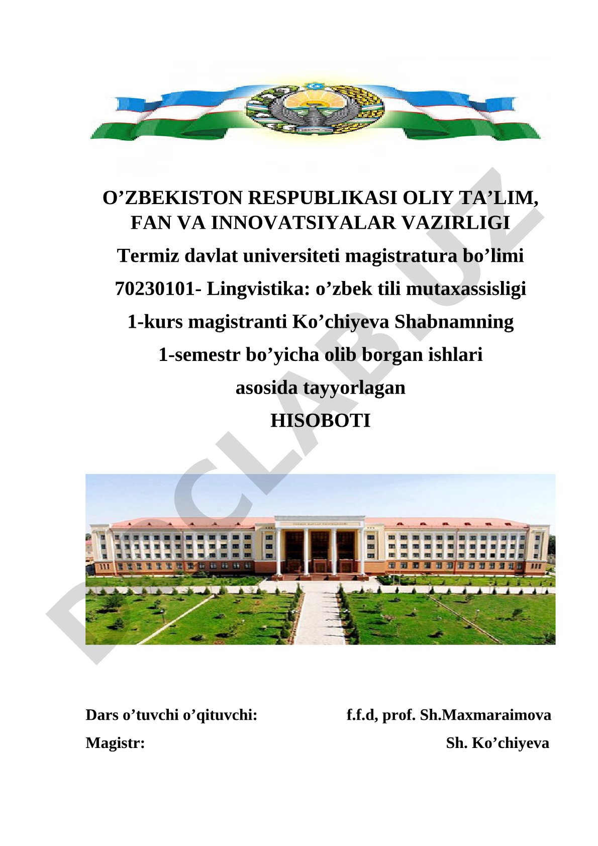 Lingvistika: o'zbek tili mutaxassisligi bo'yicha 1-semestr hisoboti