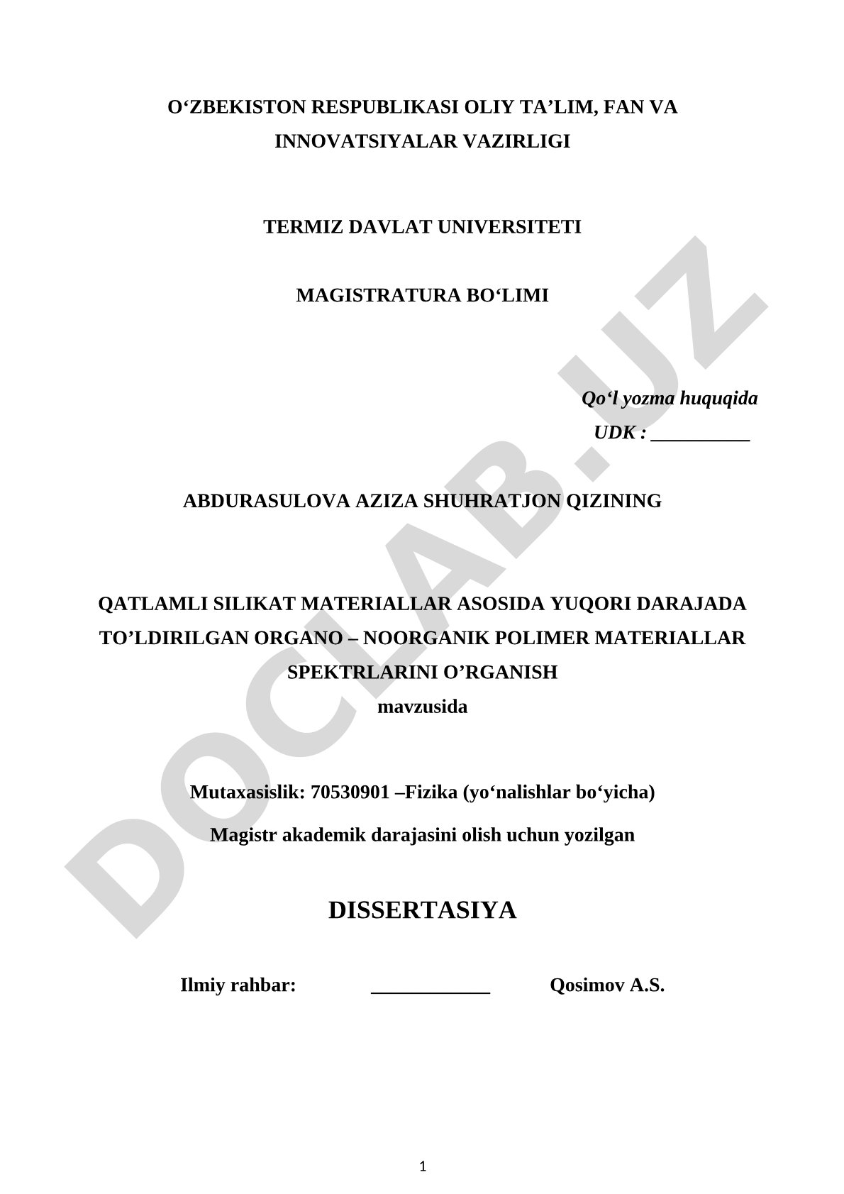 Qatlamli silikat materiallar asosida yuqori darajada to’ldirilgan organo – noorganik polimer materiallar spektrlarini o’rganish
