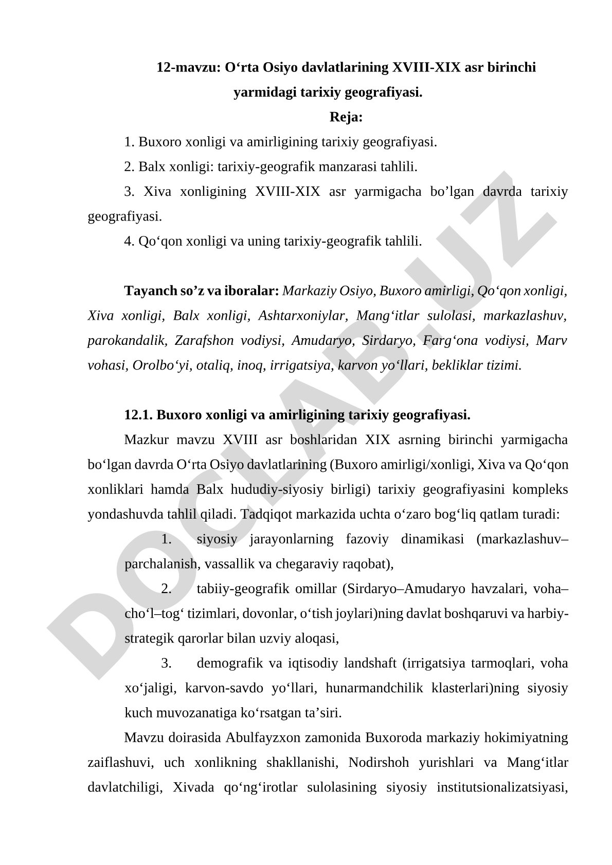 O‘rta Osiyo davlatlarining XVIII-XIX asr birinchi yarmidagi tarixiy geografiyasi