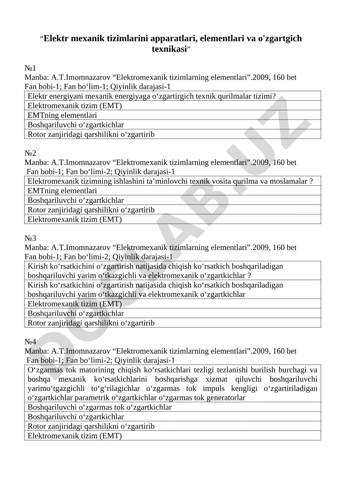 Elektr mexanik tizimlarini apparatlari, elementlari va o'zgartgich texnikasi