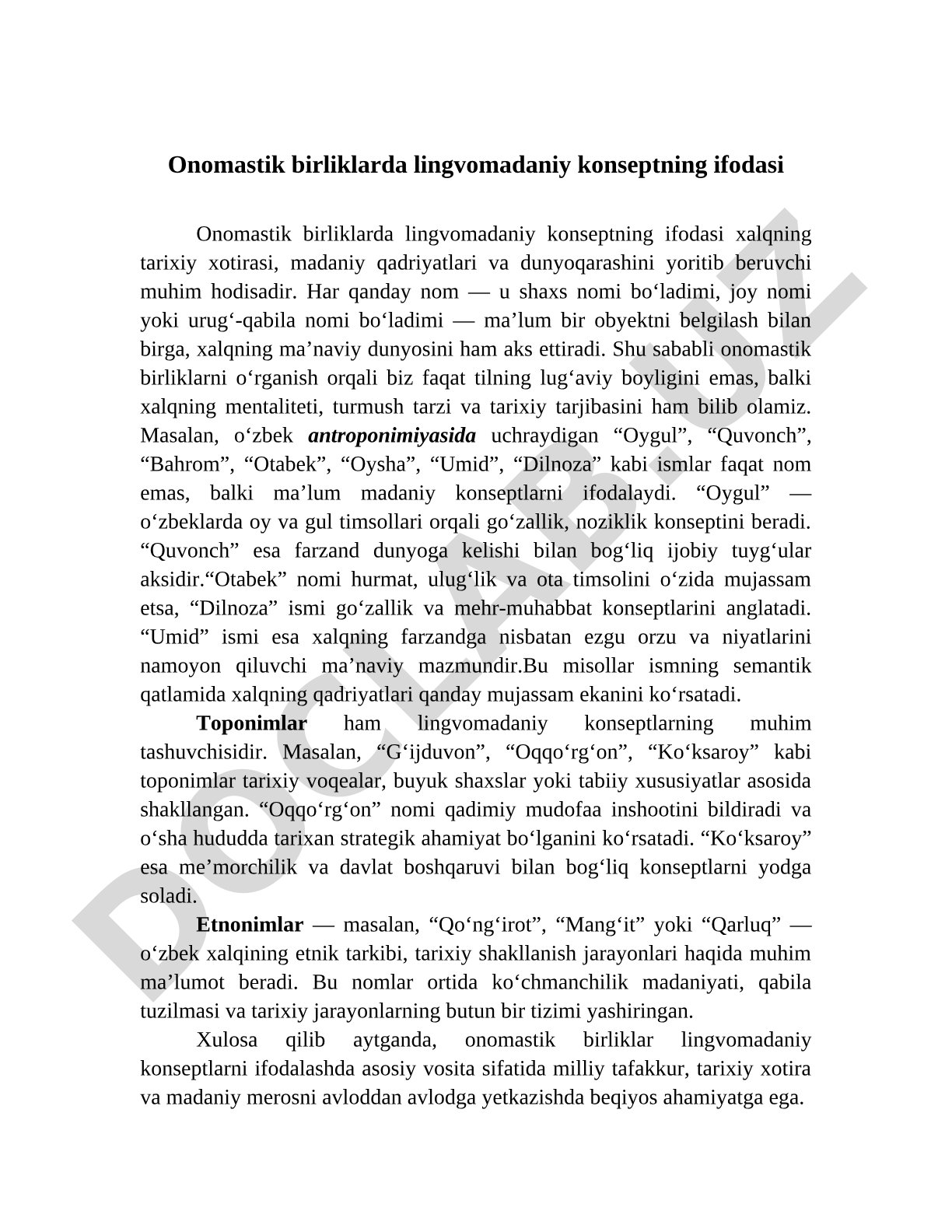 Onomastik birliklarda lingvomadaniy konseptning ifodasi