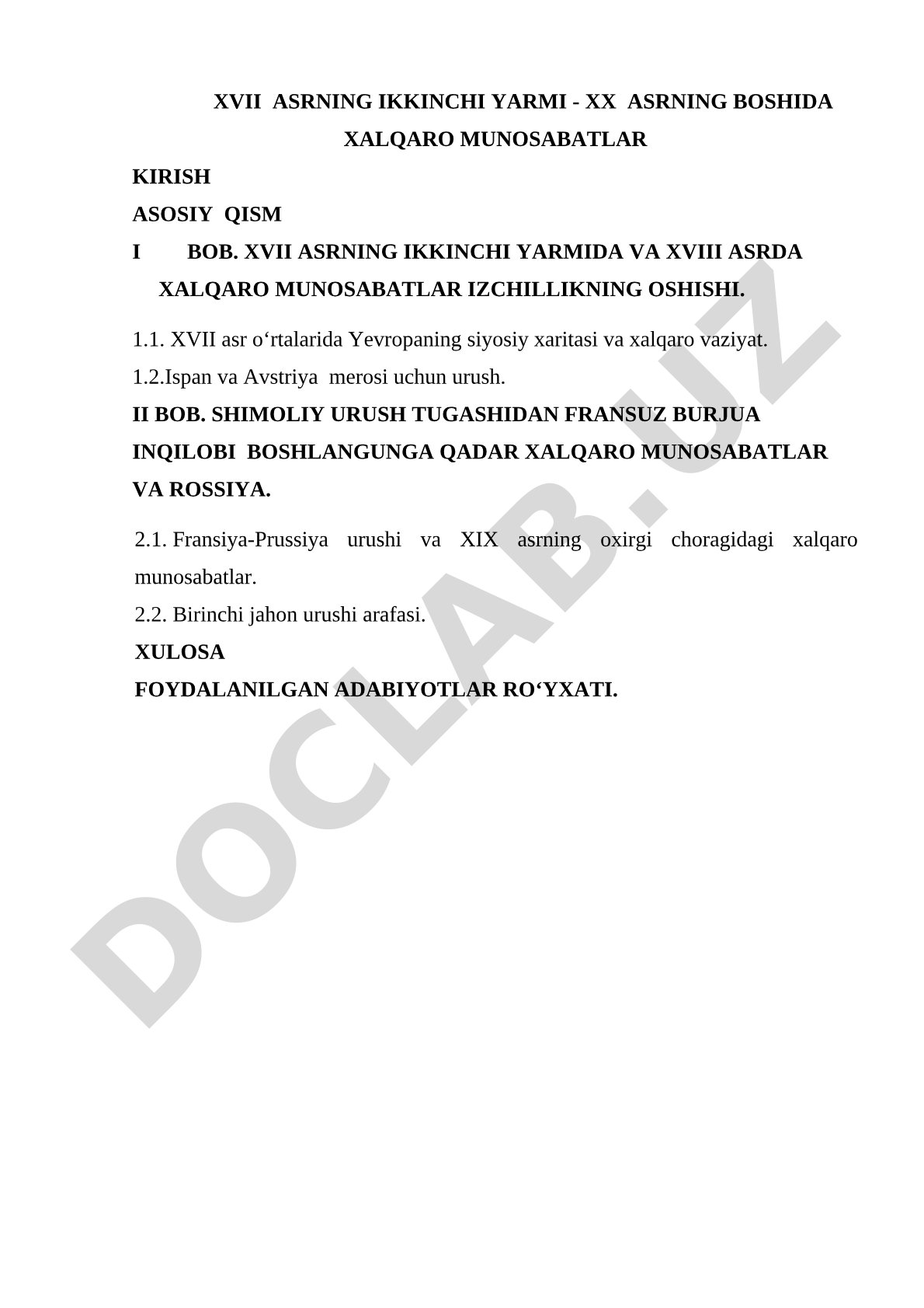 XVII asrning ikkinchi yarmi - XX asrning boshida xalqaro munosabatlar