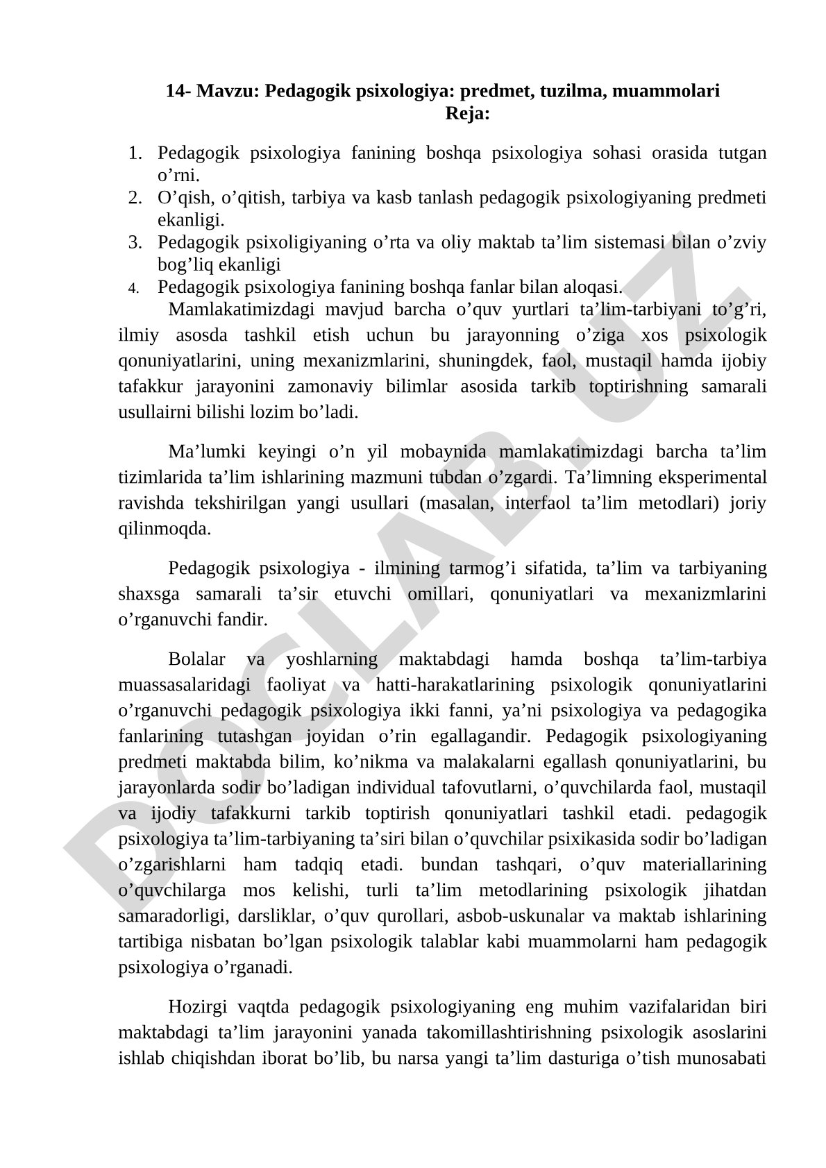 Pedagogik psixologiya: predmet, tuzilma, muammolari