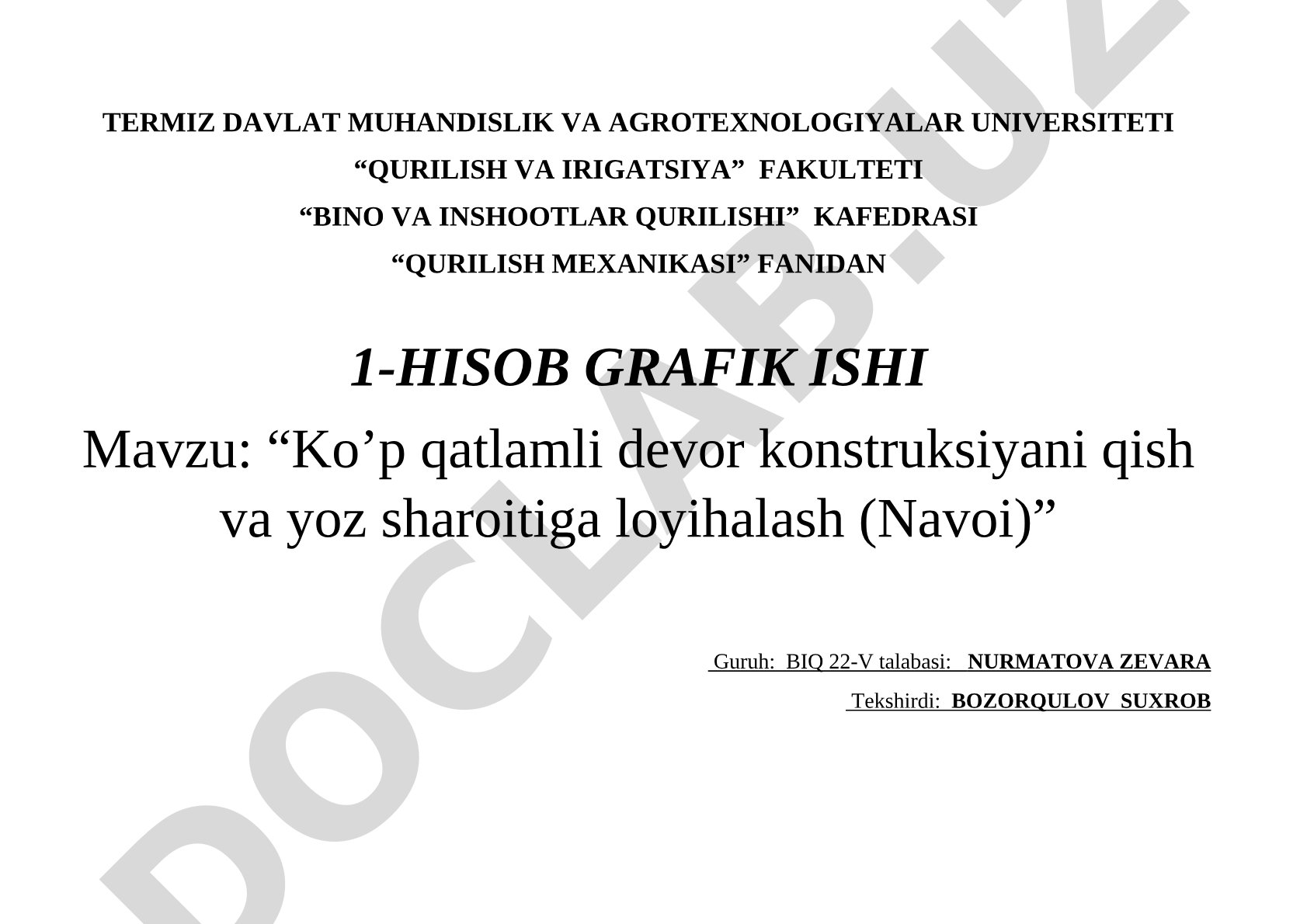 Ko'p qatlamli devor konstruksiyani qish va yoz sharoitiga loyihalash (Navoi)