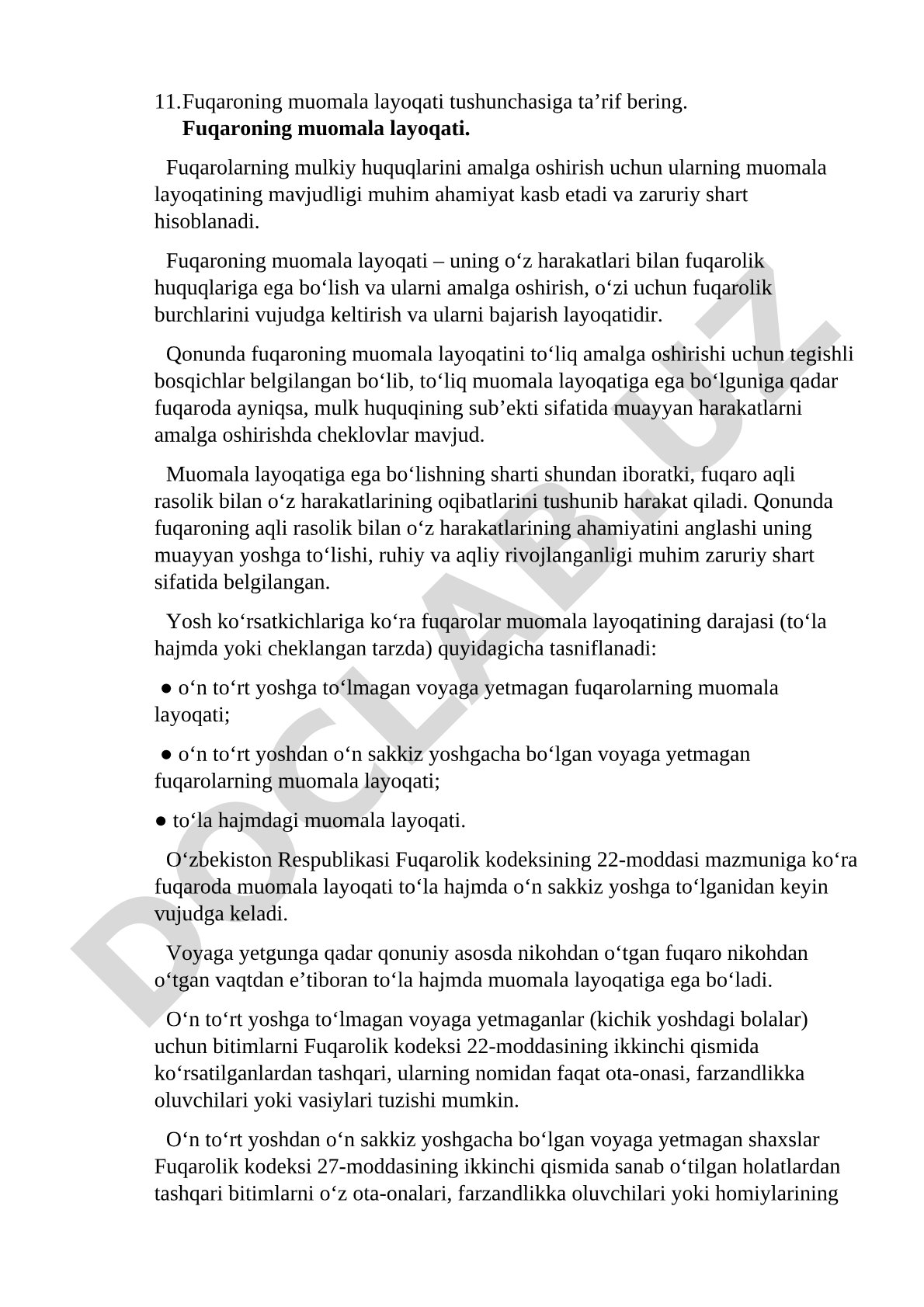 Fuqaroning muomala layoqati tushunchasi