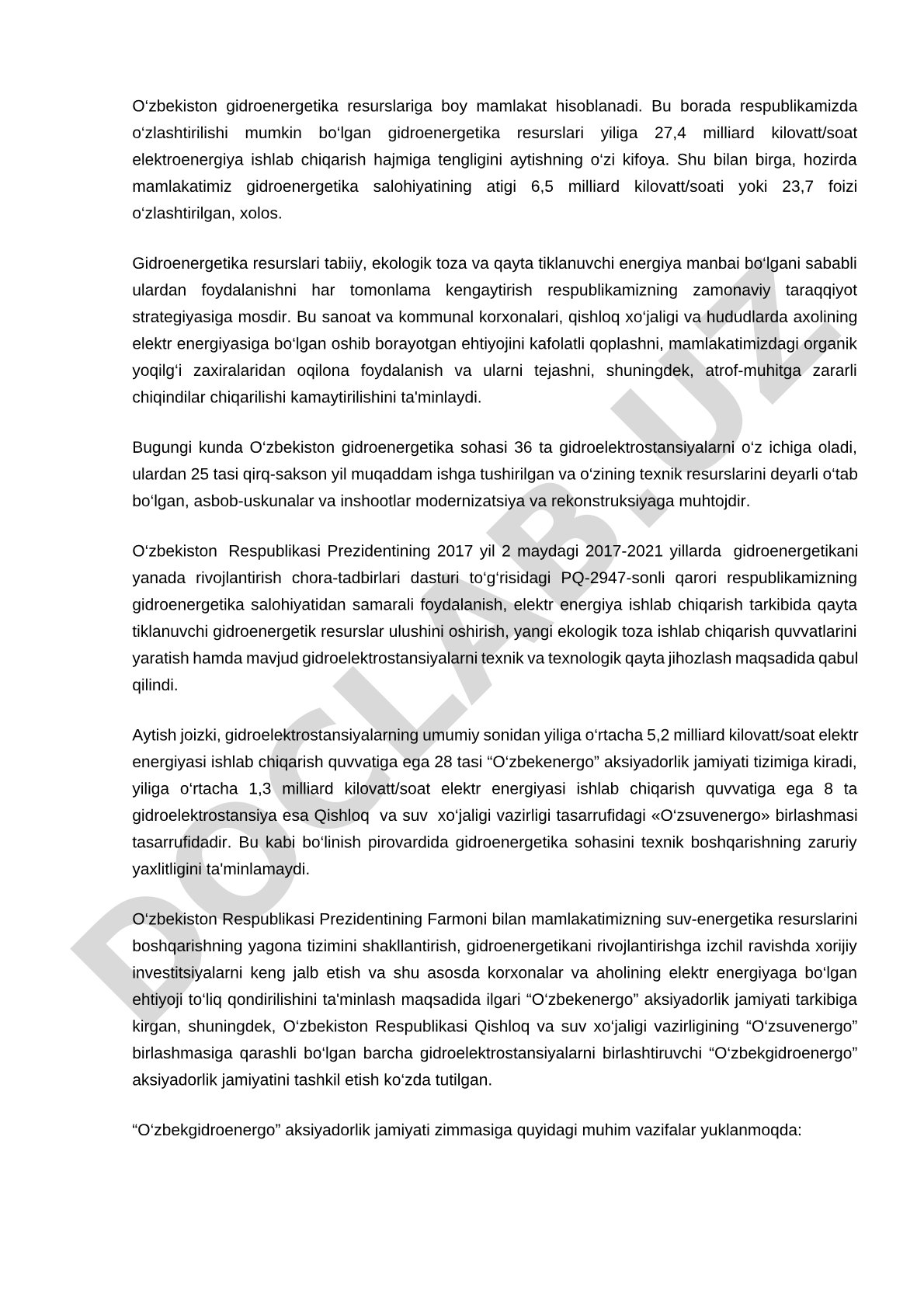 O'zbekiston gidroenergetika resurslari va ulardan foydalanish