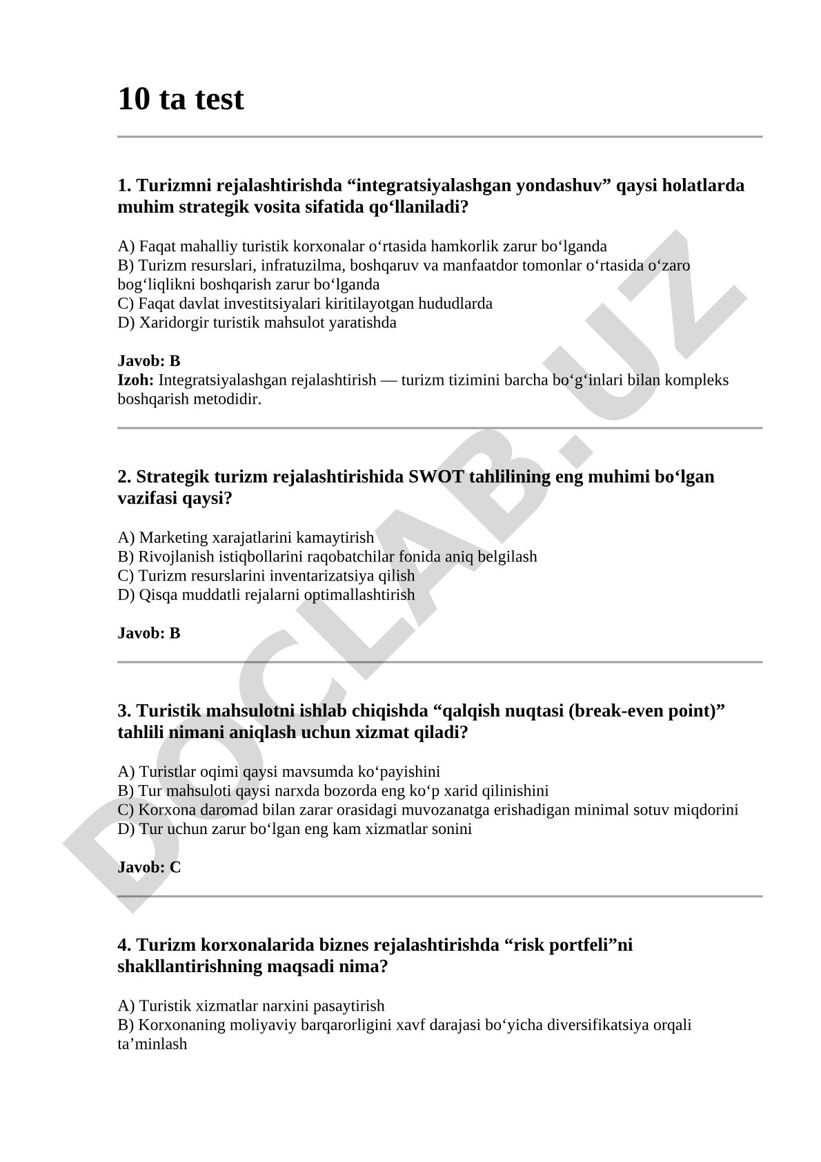 Turizmni rejalashtirishda integratsiyalashgan yondashuv va SWOT tahlili