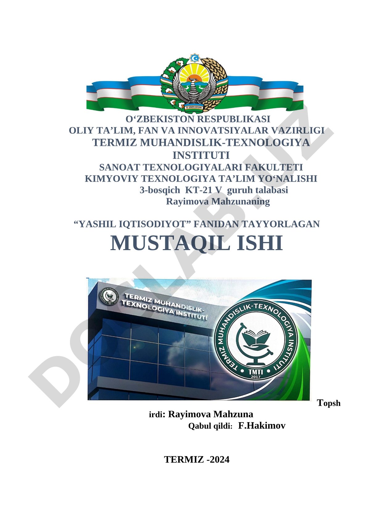 Yashil iqtisodiyot fanidan mustaqil ish