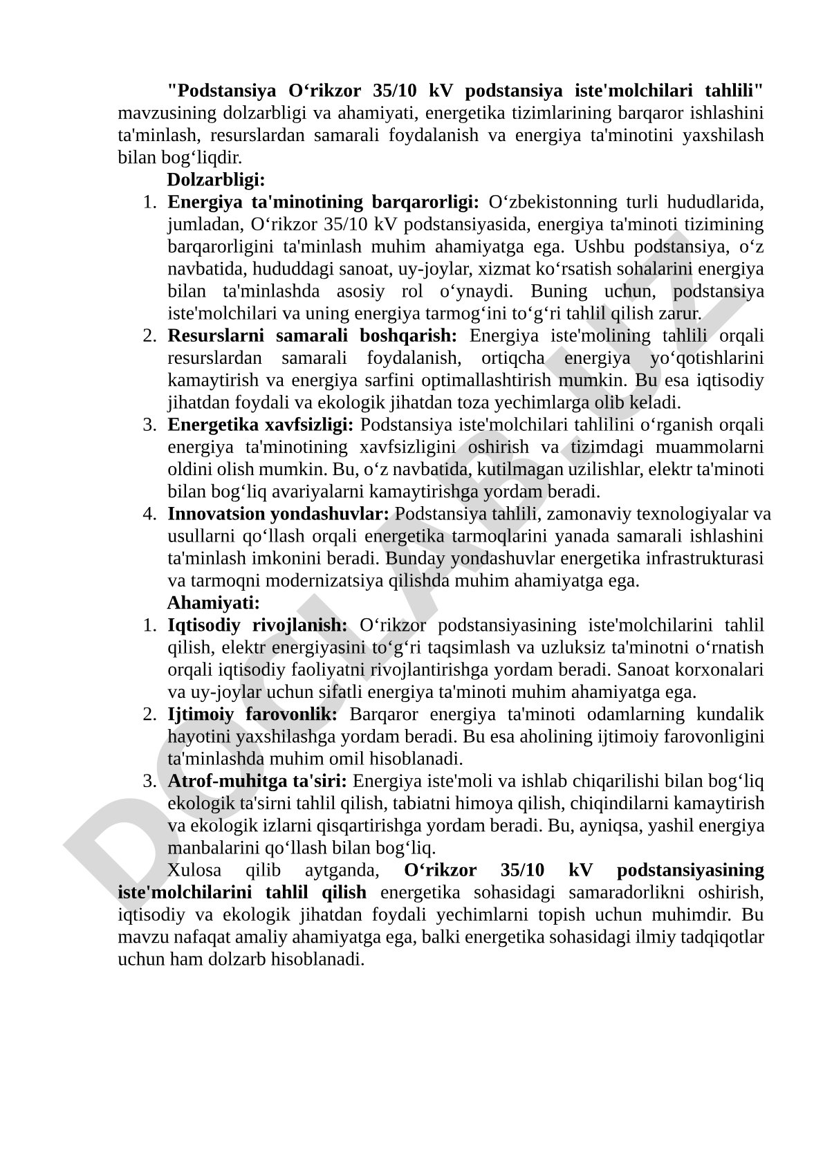Podstansiya O‘rikzor 35/10 kV podstansiya iste'molchilari tahlili