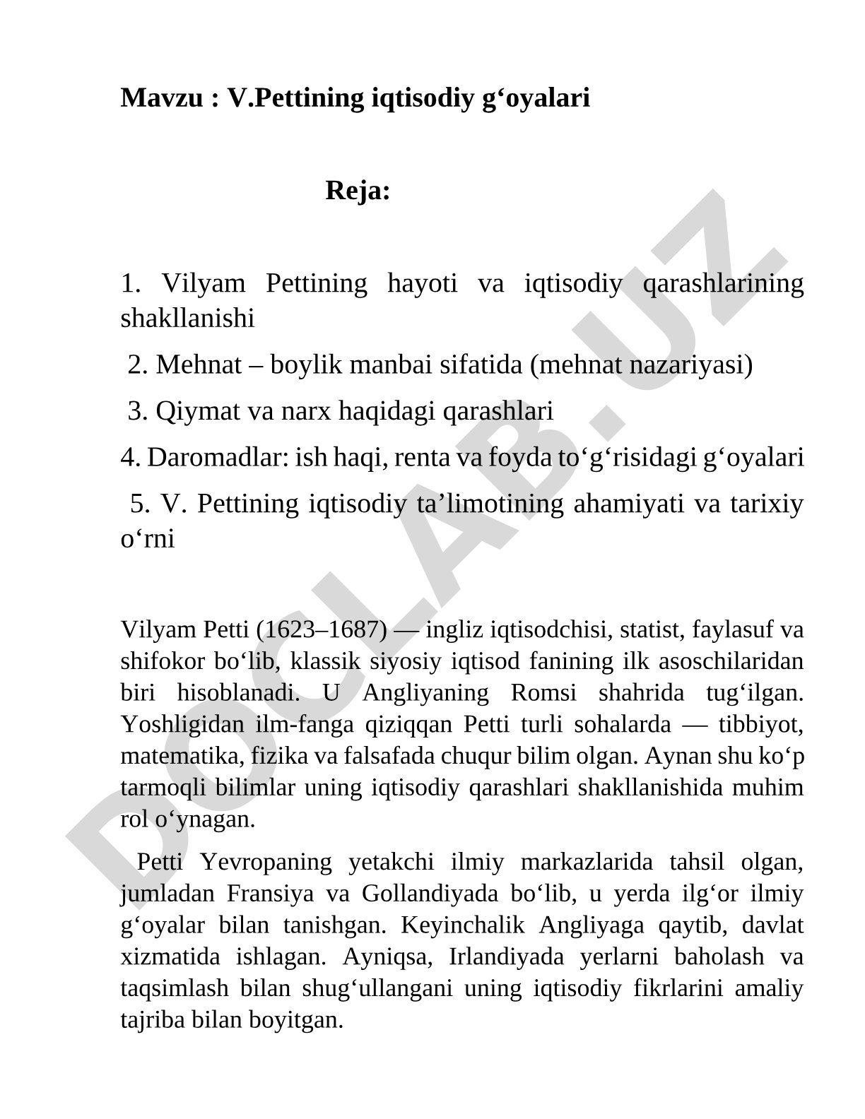 V.Pettining iqtisodiy g'oyalari