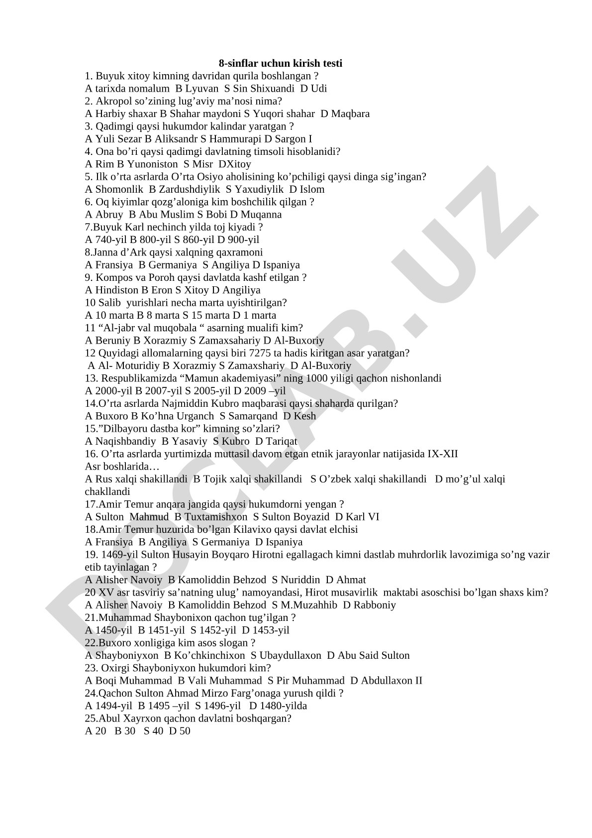 8-sinflar uchun kirish testi