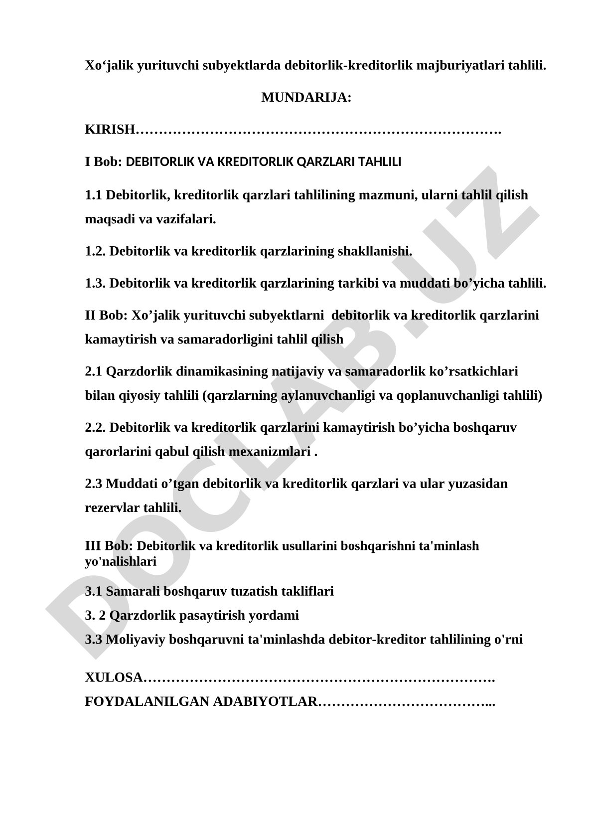 Xo‘jalik yurituvchi subyektlarda debitorlik-kreditorlik majburiyatlari tahlili