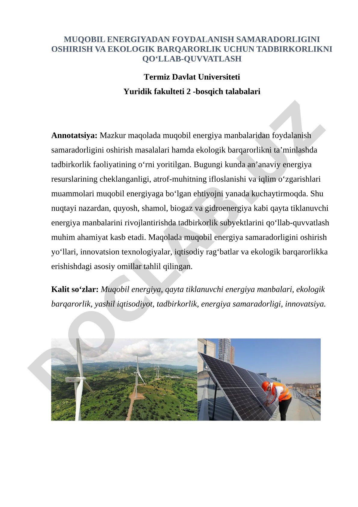 Muqobil energiyadan foydalanish samaradorligini oshirish va ekologik barqarorlik uchun tadbirkorlikni qo‘llab-quvvatlash